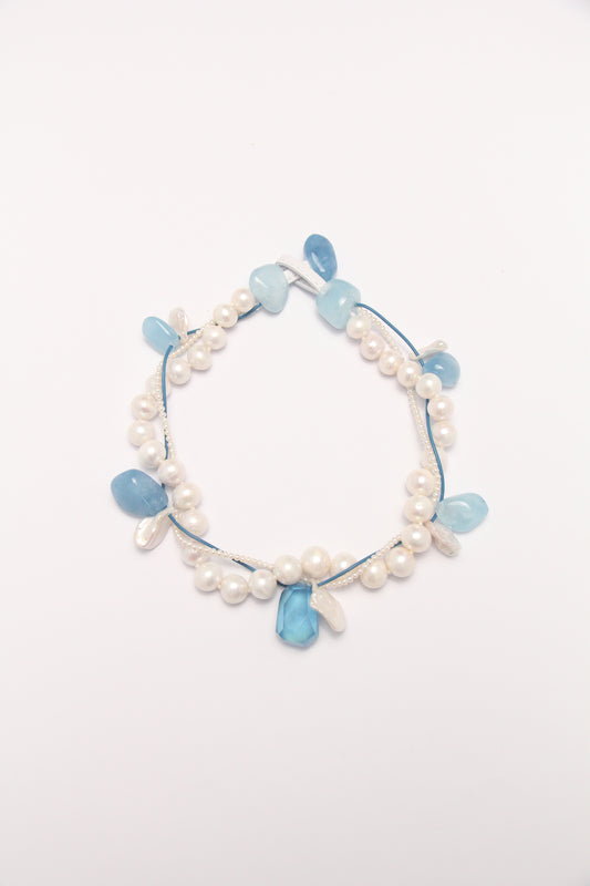 Necklace: aquamarine, morganite, pearls