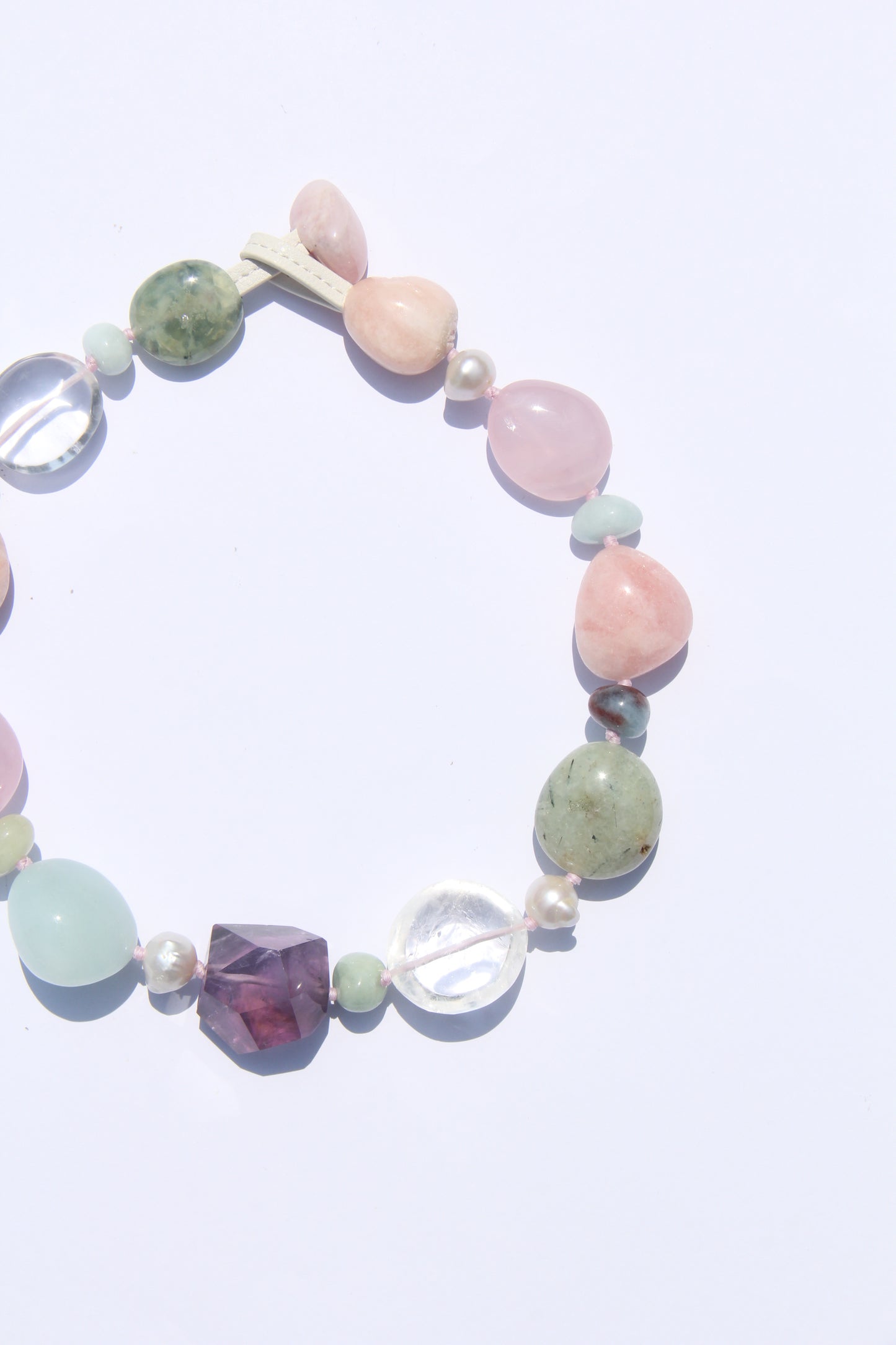 Necklace: amethyst, aquamarine, prehnite, morganite, rose quartz, pearls