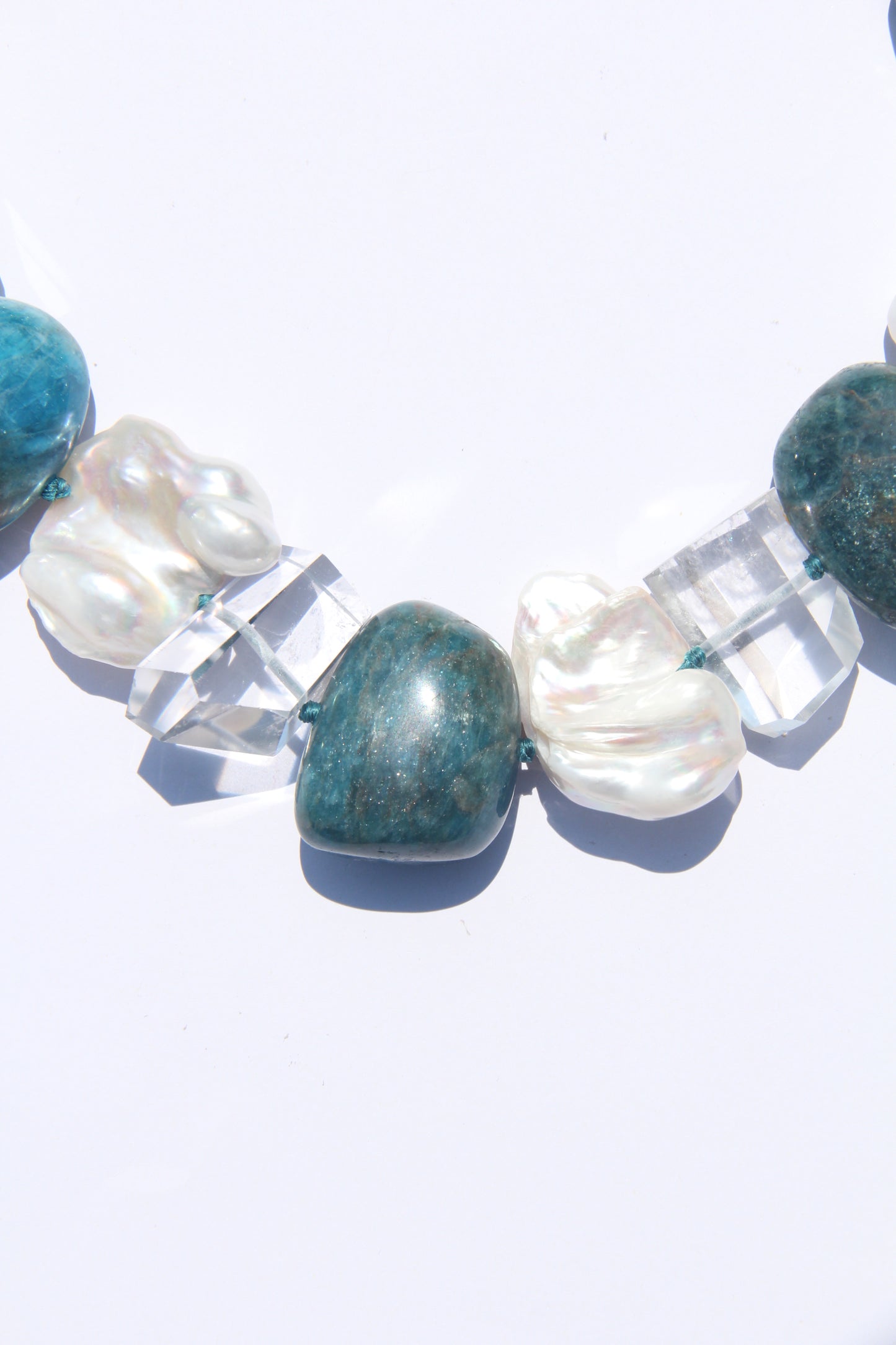Necklace: blue apatite, quartz, pearls
