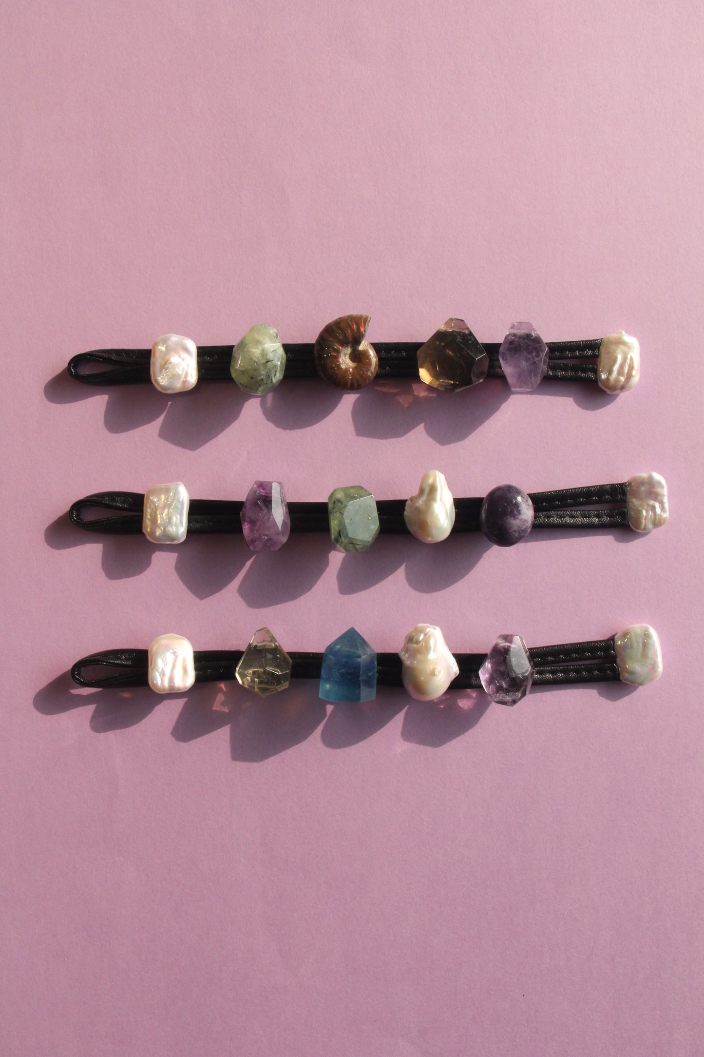 Bracelet: prehnite, ammonite, citrine, amethyst, pearls