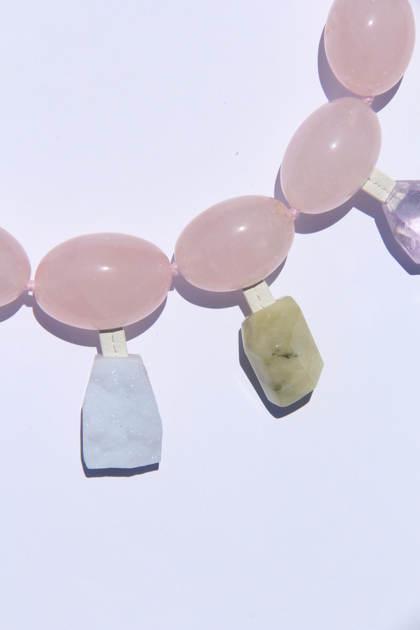 Charms: rose quartz, prehnite, pearl, blue lace agate, amethyst, morganite