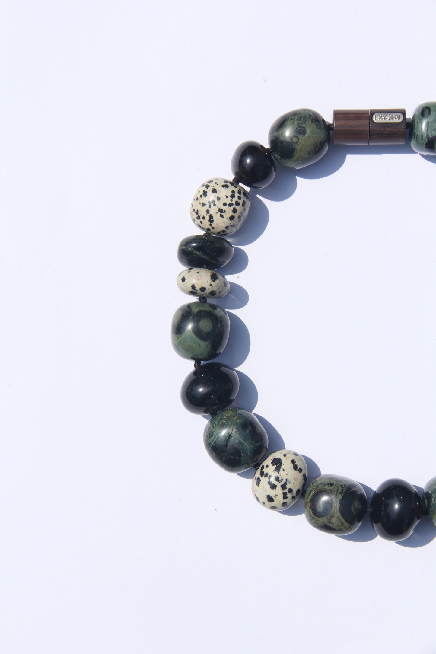 Necklace: crocodile jasper, dalmatian jasper, smoky quartz