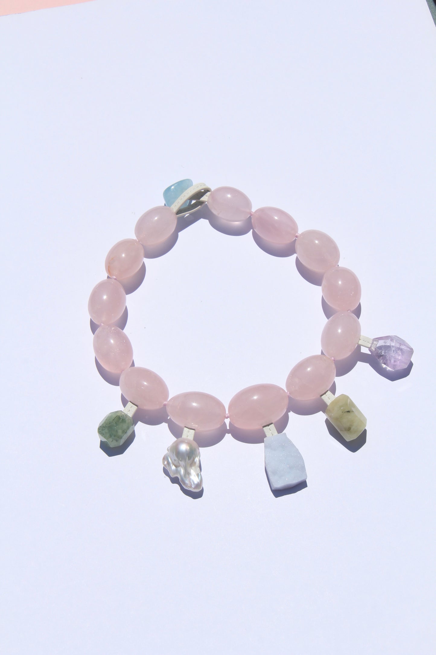 Charms: rose quartz, prehnite, pearl, blue lace agate, amethyst, morganite