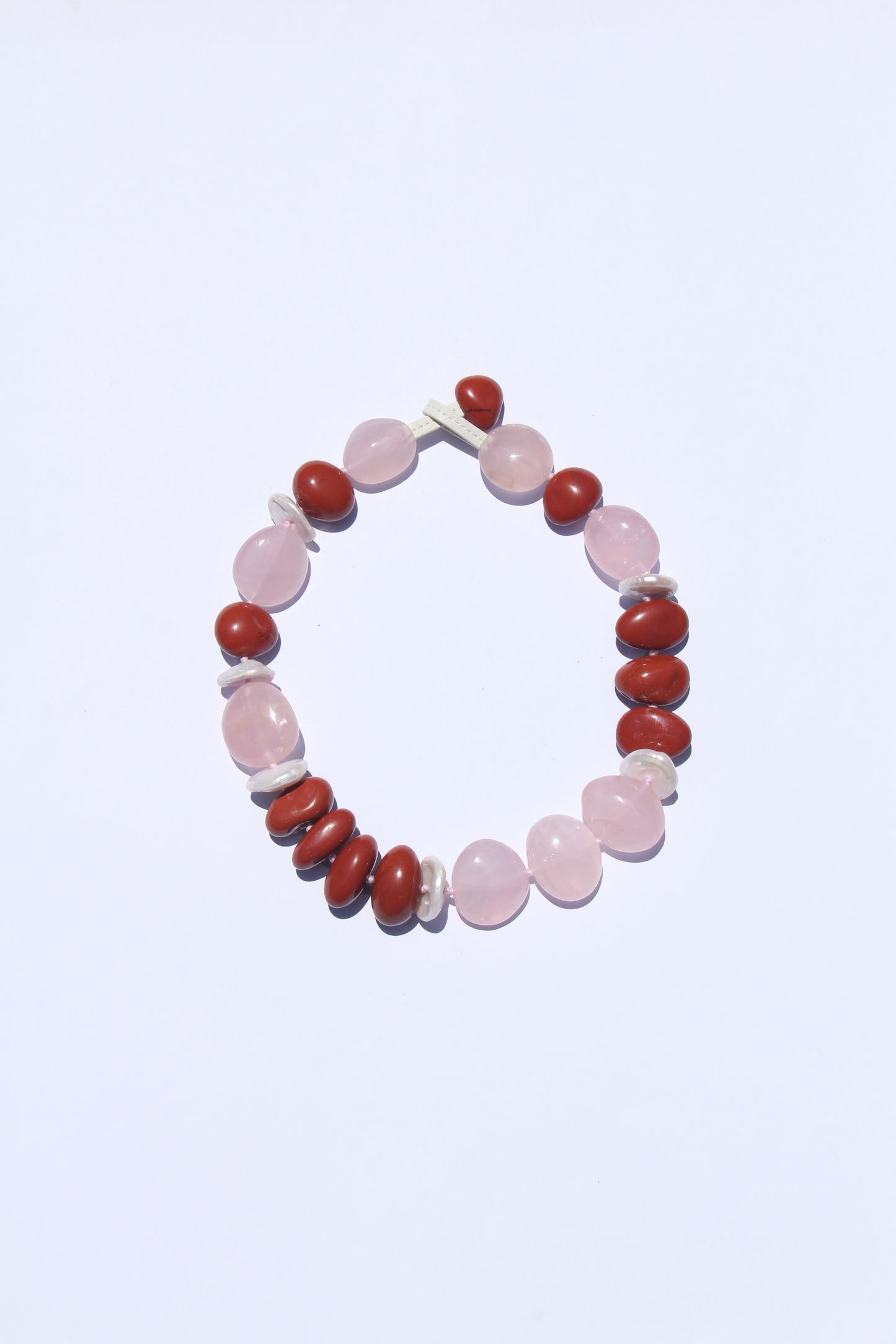 Necklace: red jasper stone, rose quartz, pearls
