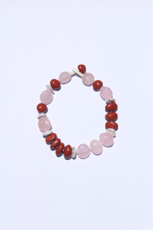 Necklace: red jasper stone, rose quartz, pearls