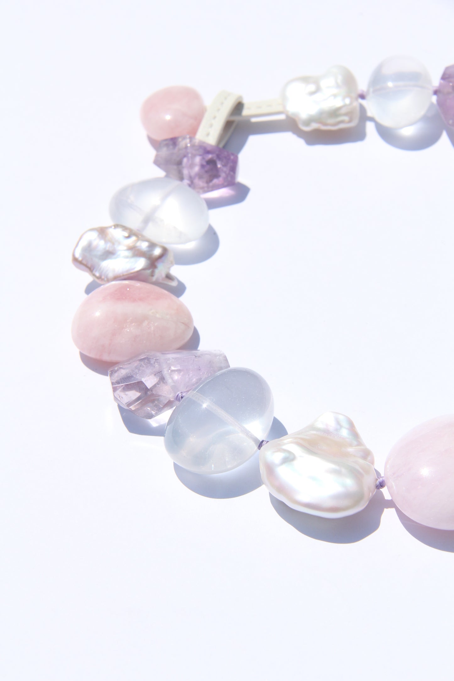 Necklace: morganite, quartz, amethyst, pearls