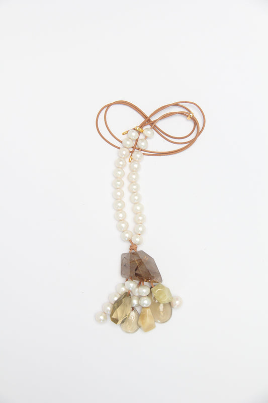 Pendant: golden rutilated quartz, pearls, morganite, citrine