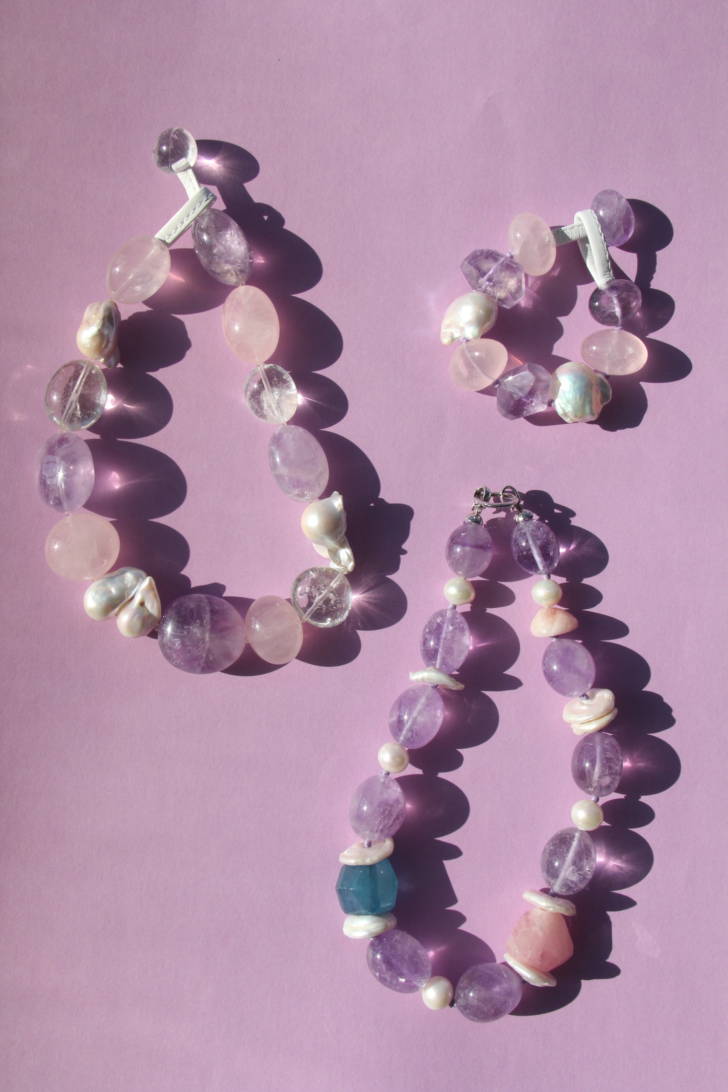 Bracelet: amethyst, rose quartz, pearls