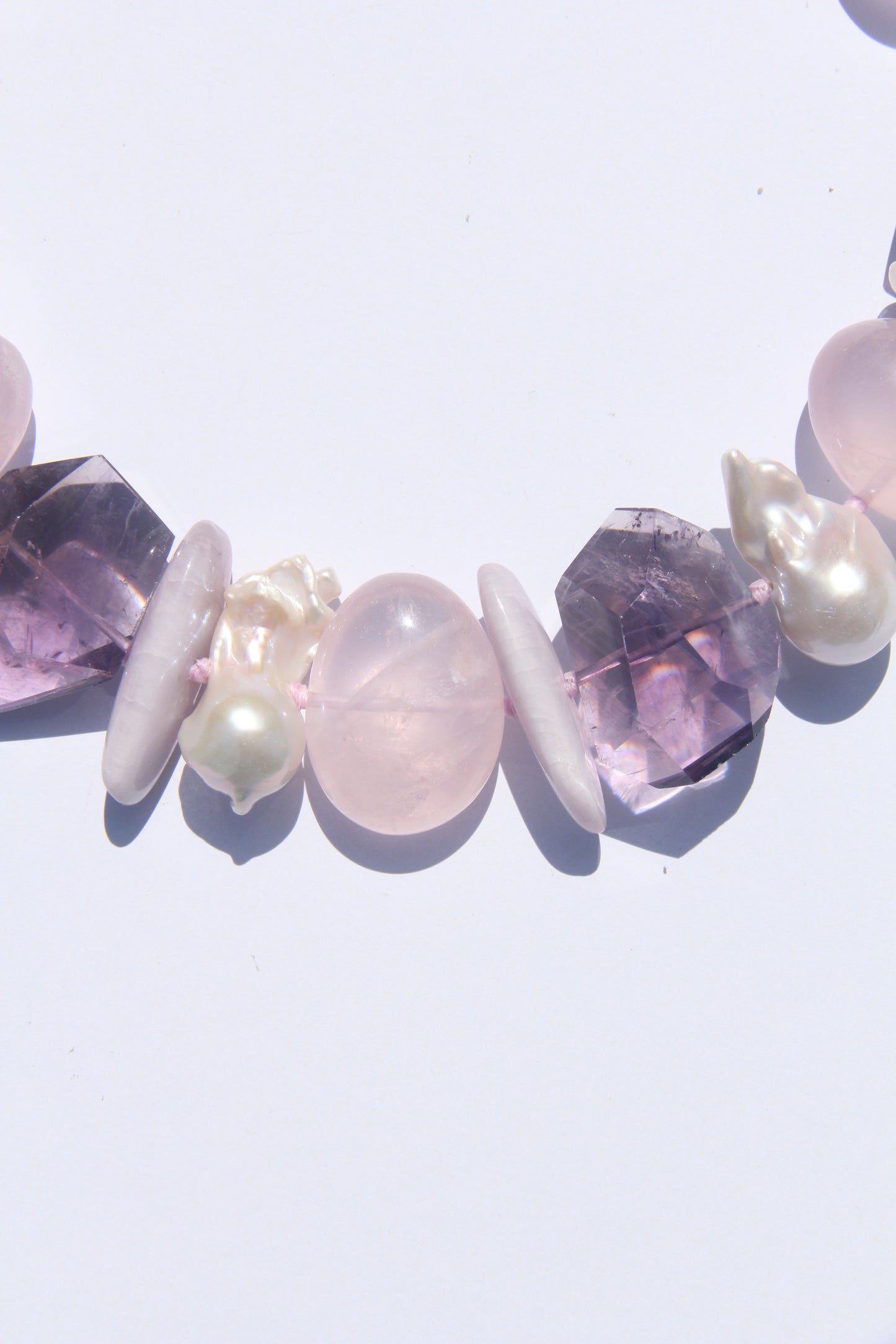 Necklace: amethyst, kunzite, rose quartz, pearls
