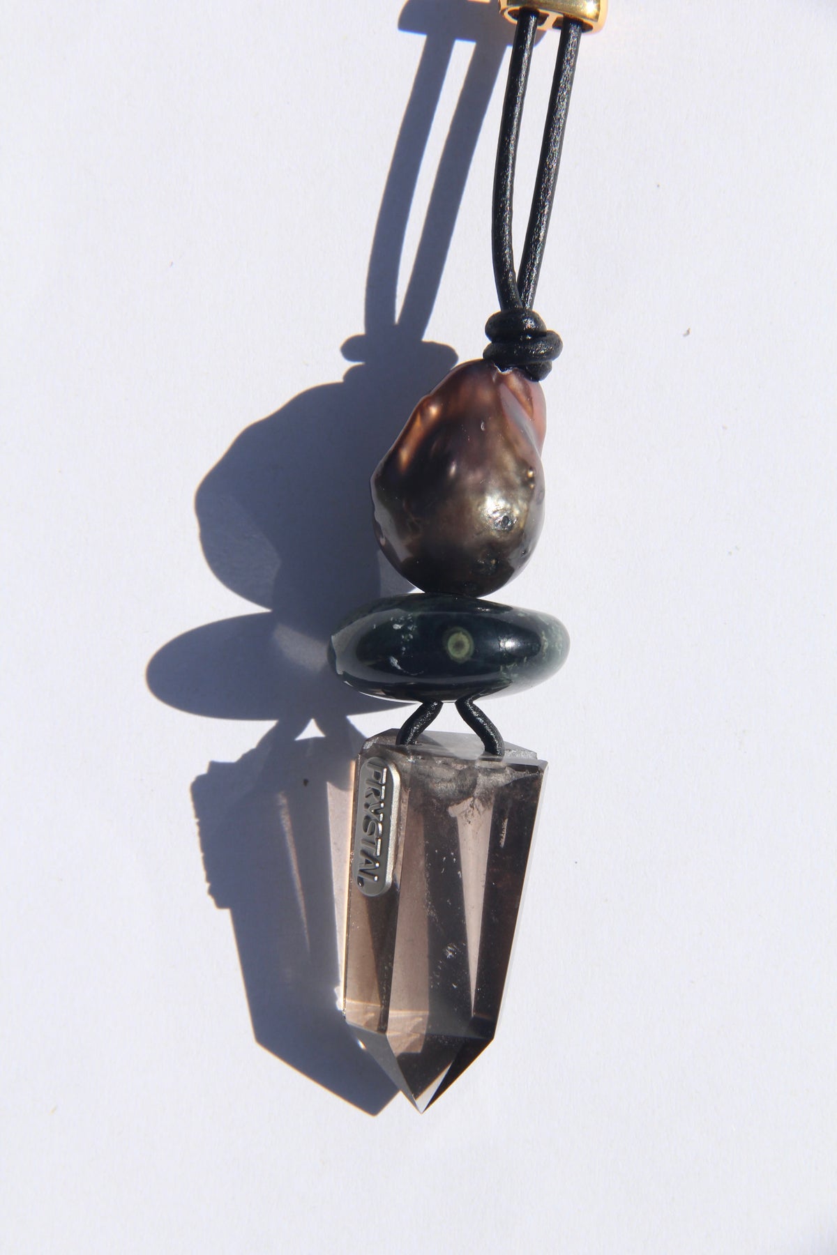 Necklace: pearl, crocodile jasper, smoky quartz