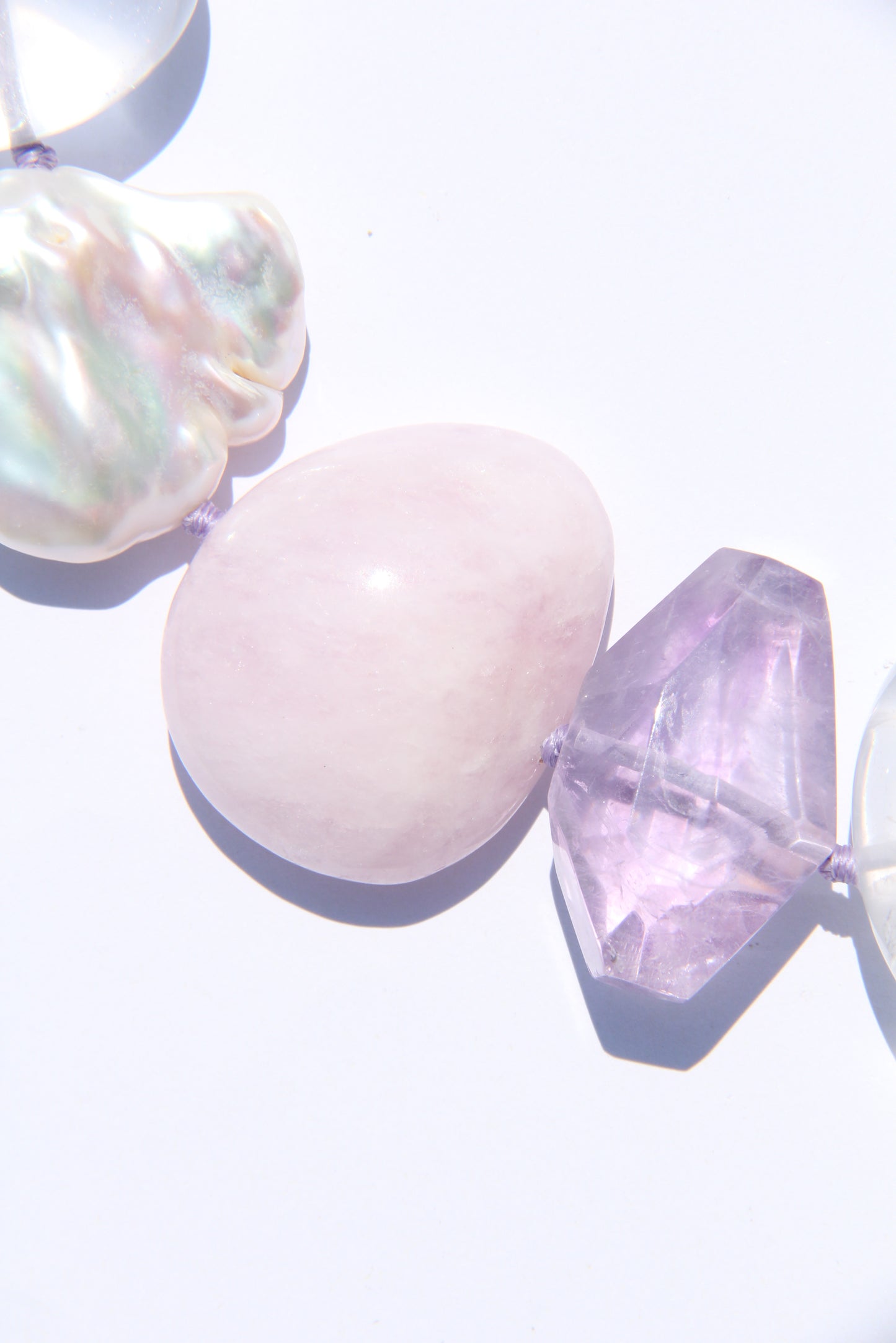 Necklace: morganite, quartz, amethyst, pearls