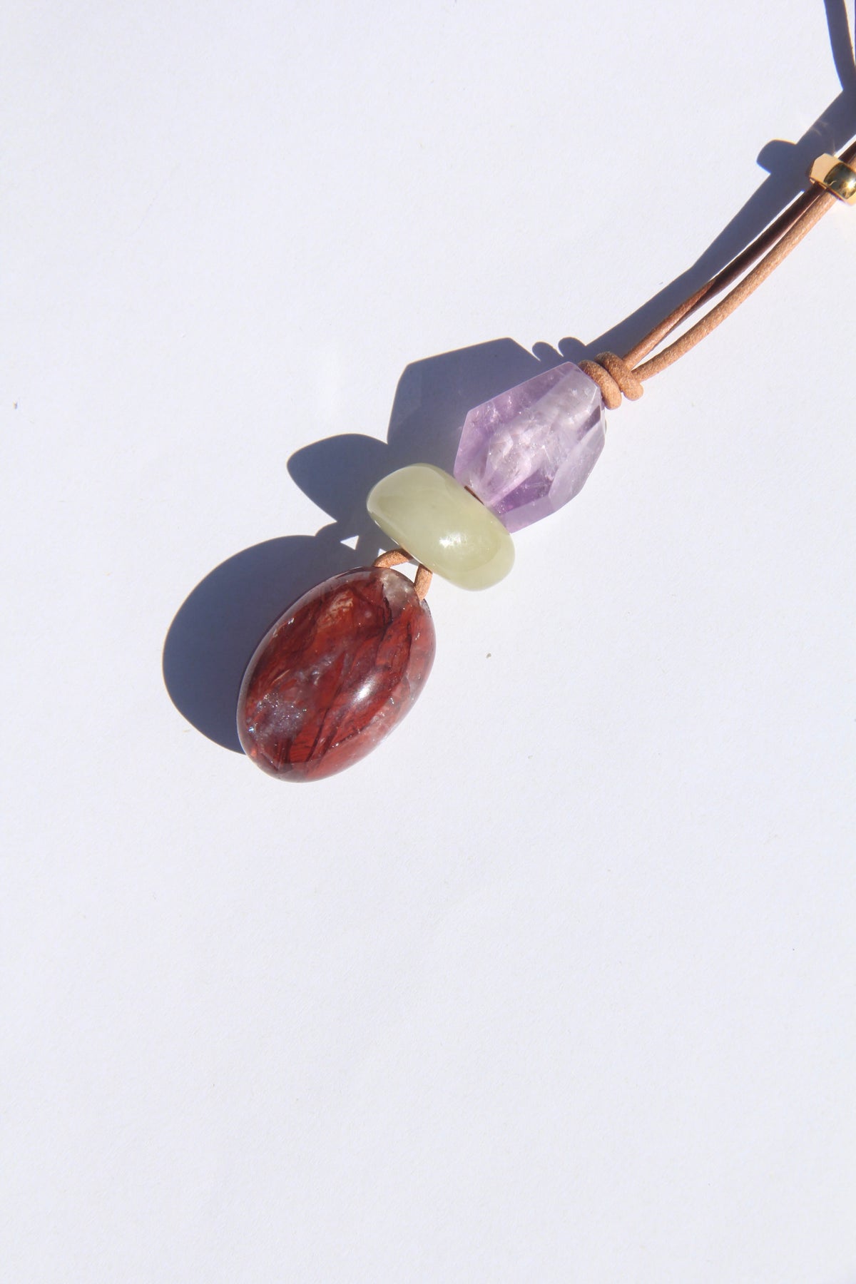 Necklace: amethyst, morganite, hematoid quartz