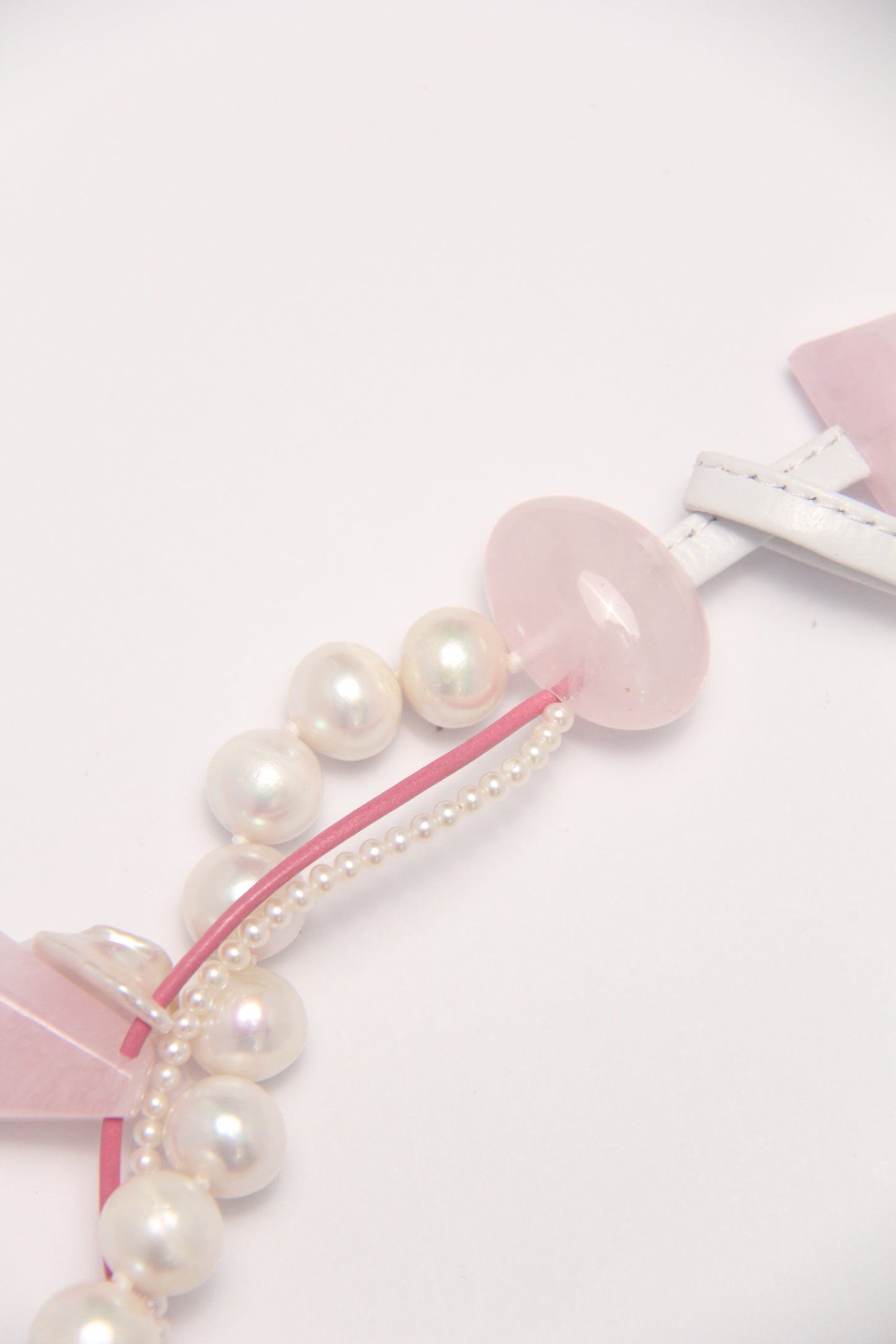 Necklace: morganite, rose quartz, pearls
