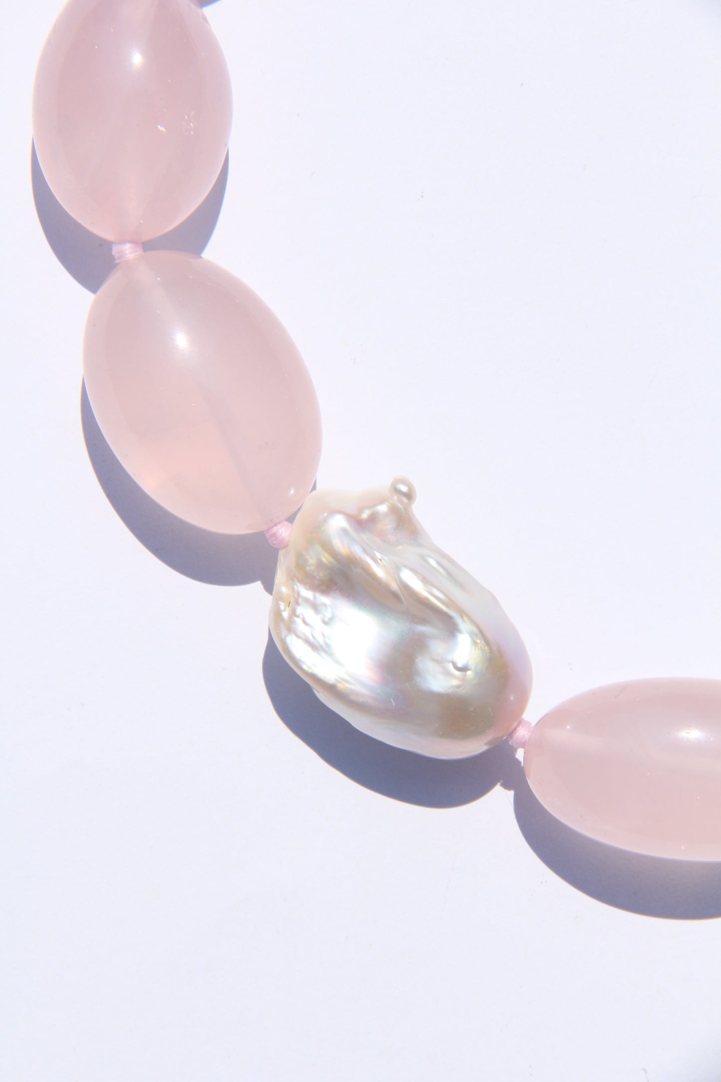 Necklace: rose quartz, pearls