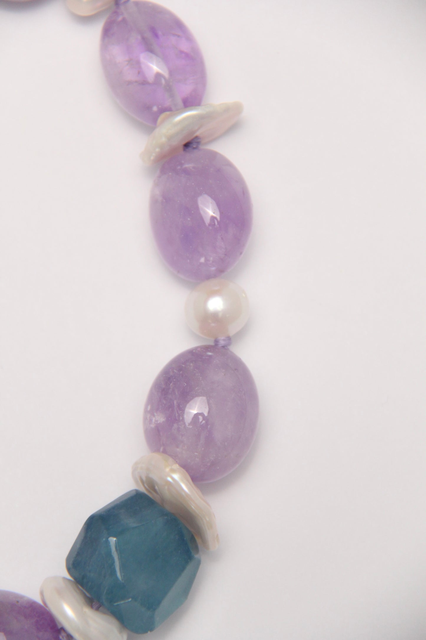 Necklace: amethyst, morganite, aquamarine, pearls