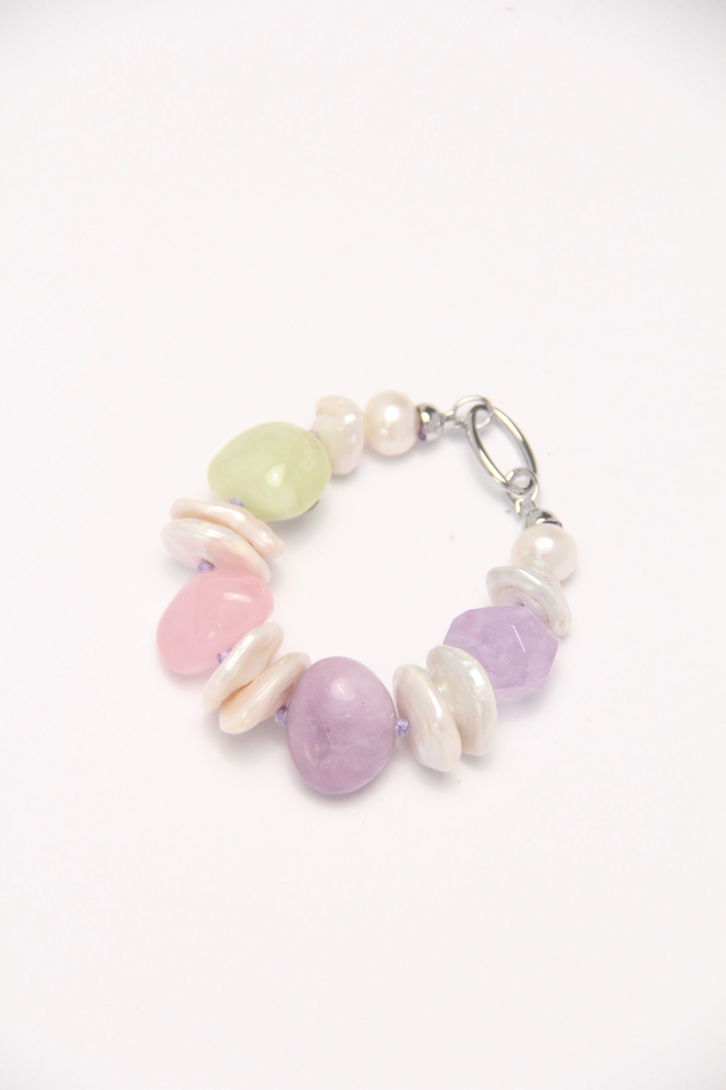 Bracelet: morganite, amethyst, lepidolite, pearls