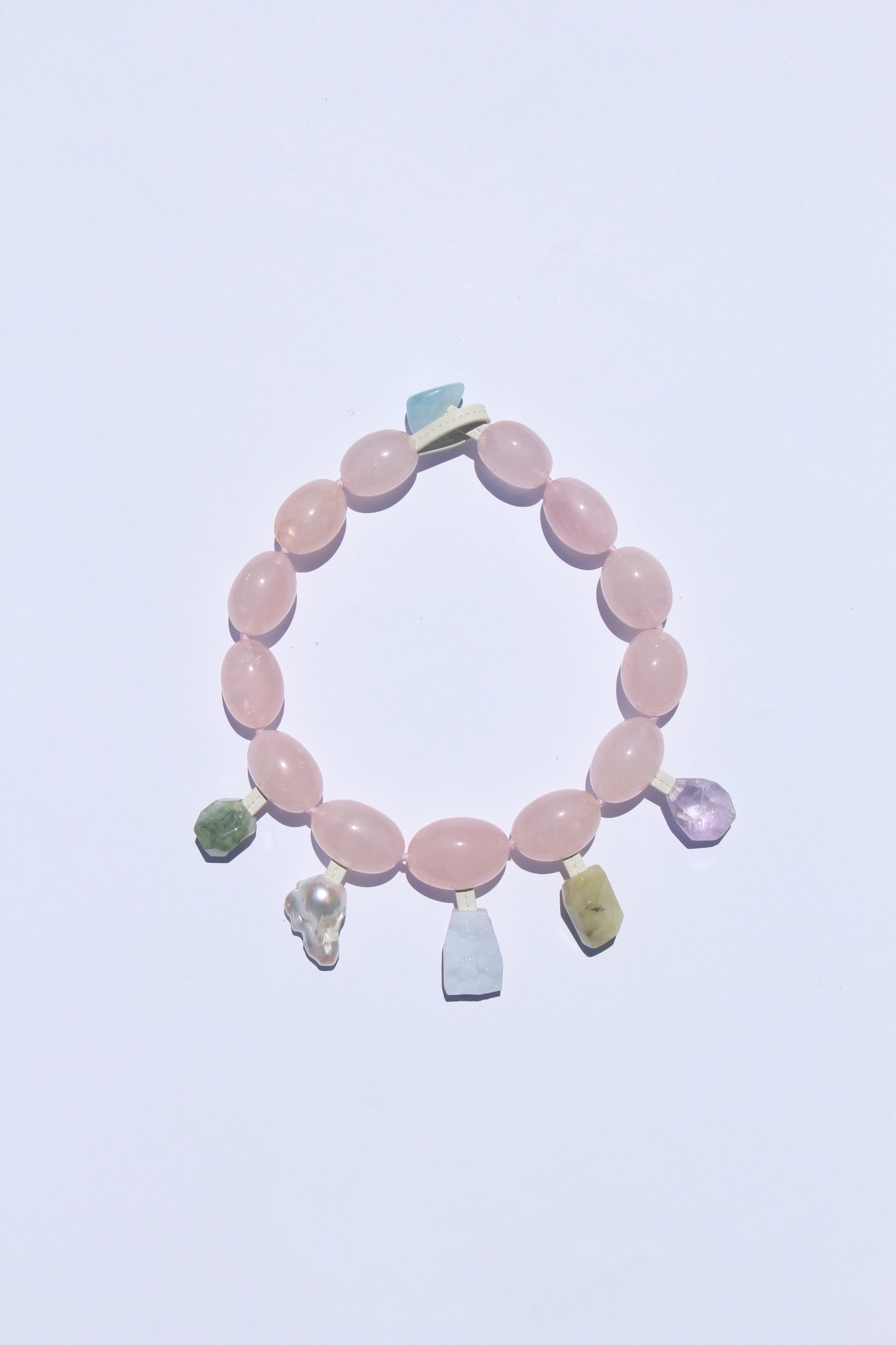 Charms: rose quartz, prehnite, pearl, blue lace agate, amethyst, morganite