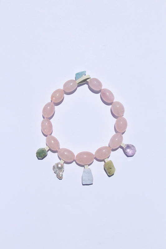 Charms: rose quartz, prehnite, pearl, blue lace agate, amethyst, morganite