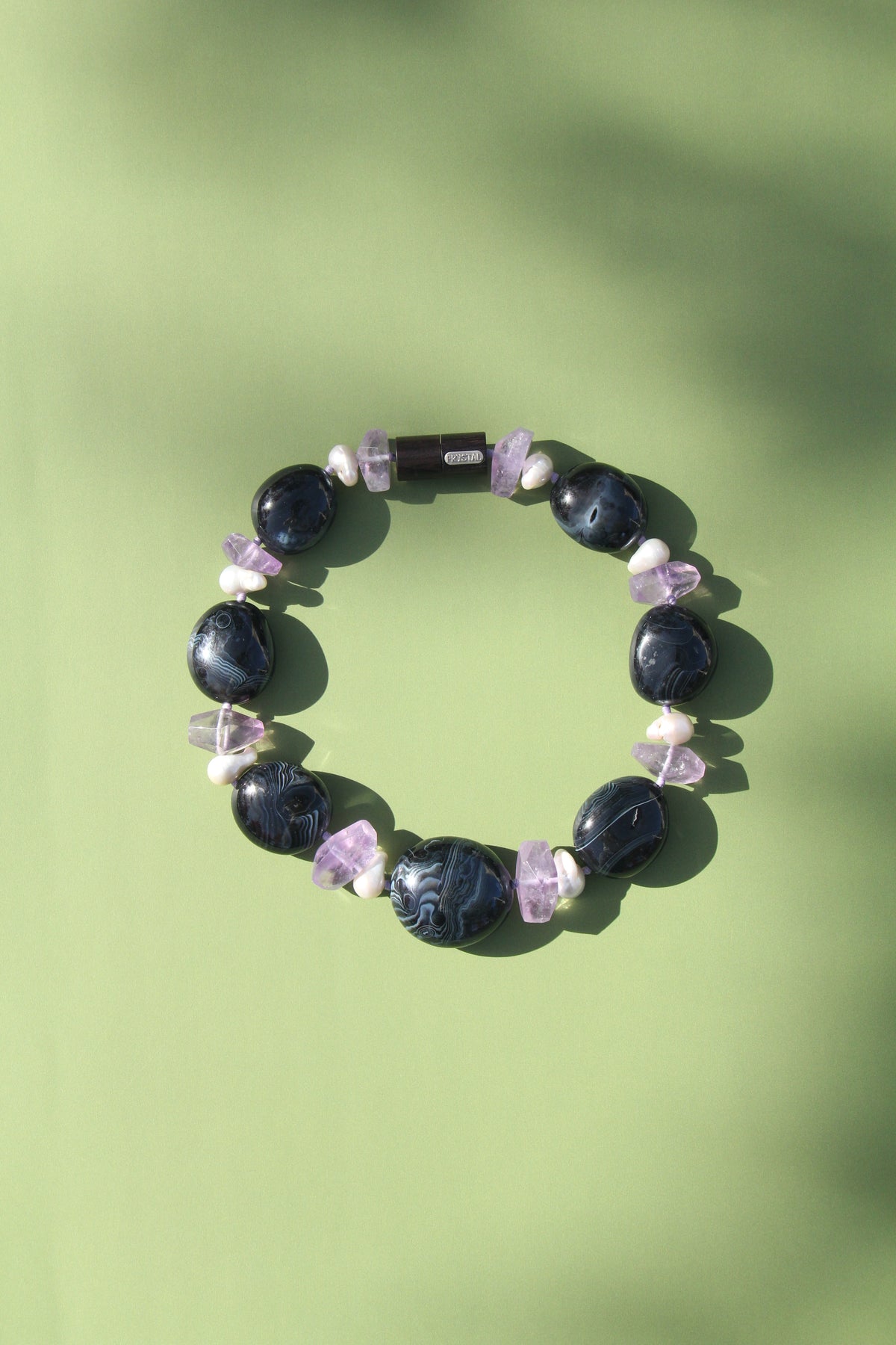 Necklace: sardonyx, pearls, amethyst