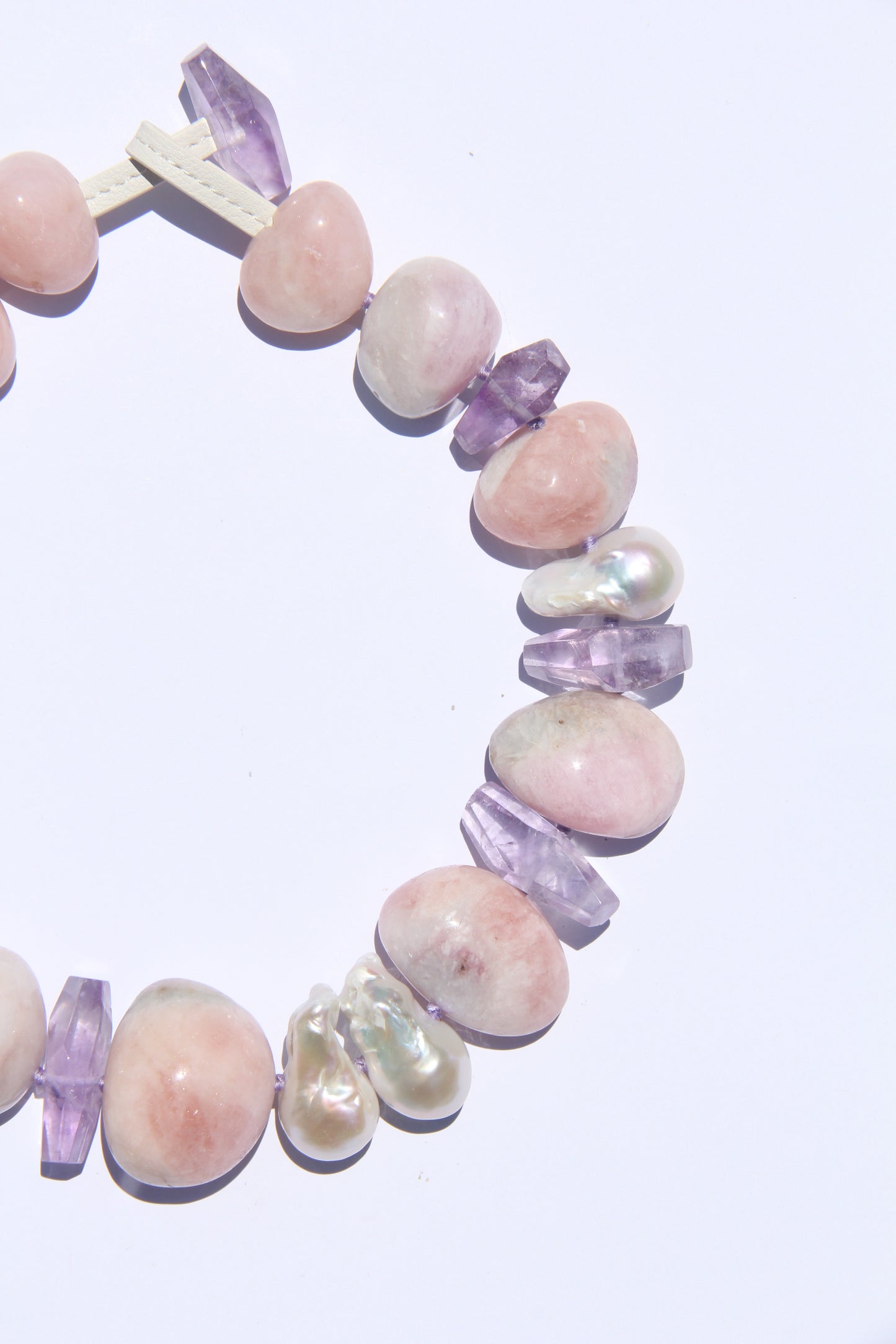 Necklace: morganite, amethyst, pearls
