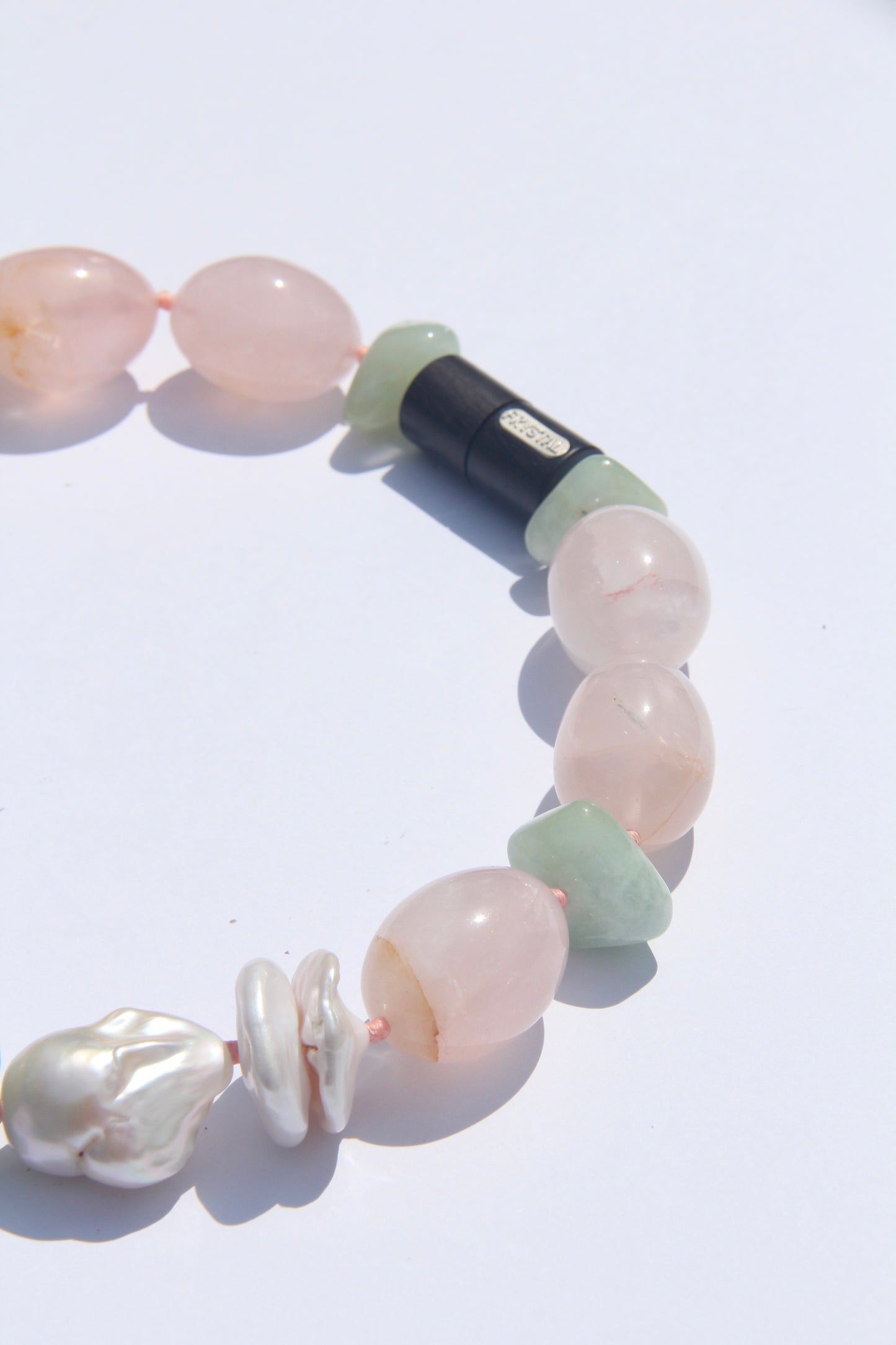 Necklace: rose quartz, morganite, pearls
