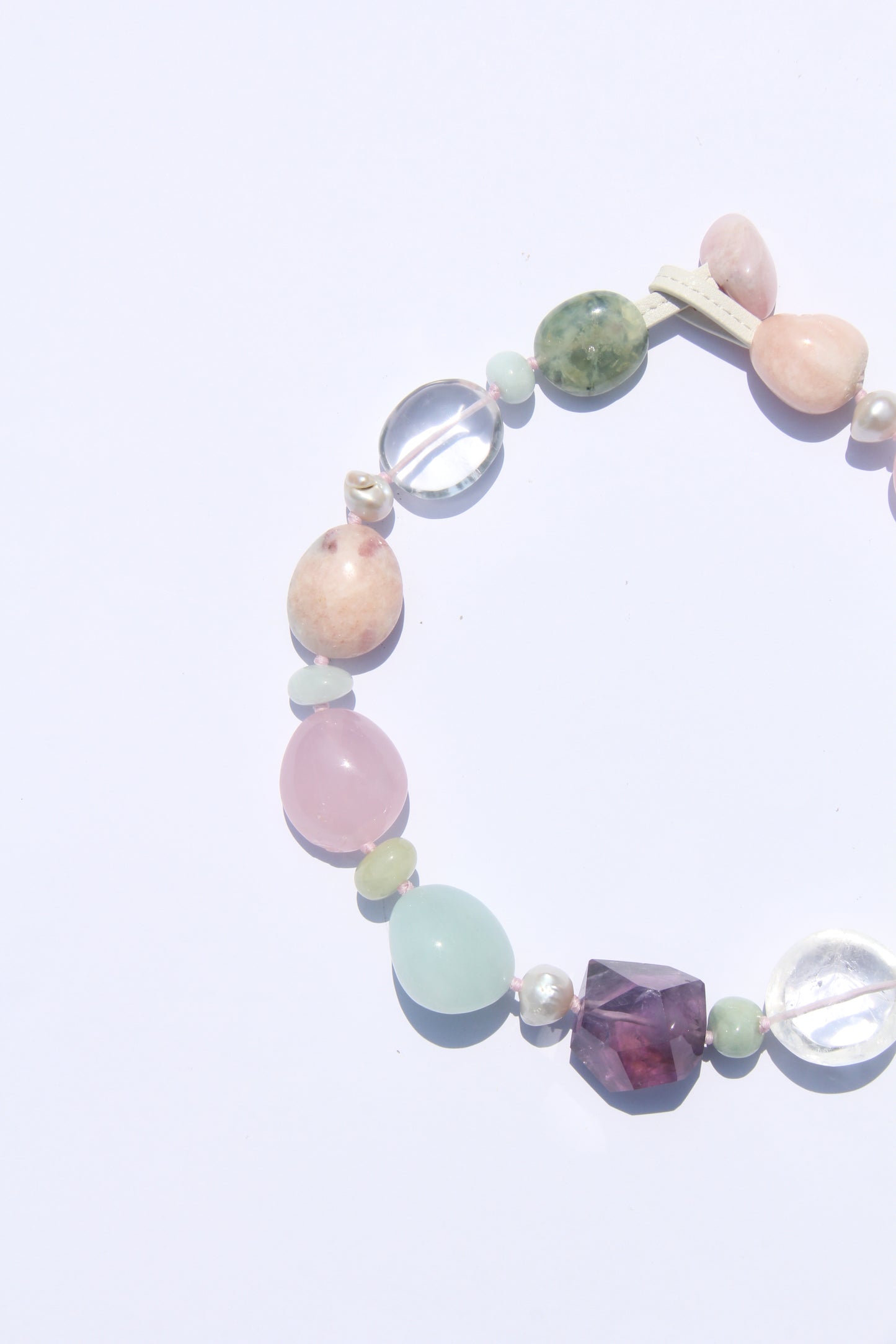 Necklace: amethyst, aquamarine, prehnite, morganite, rose quartz, pearls