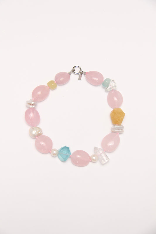 Necklace: rose quartz, aquamarine, pearls, morganite, phantom quartz