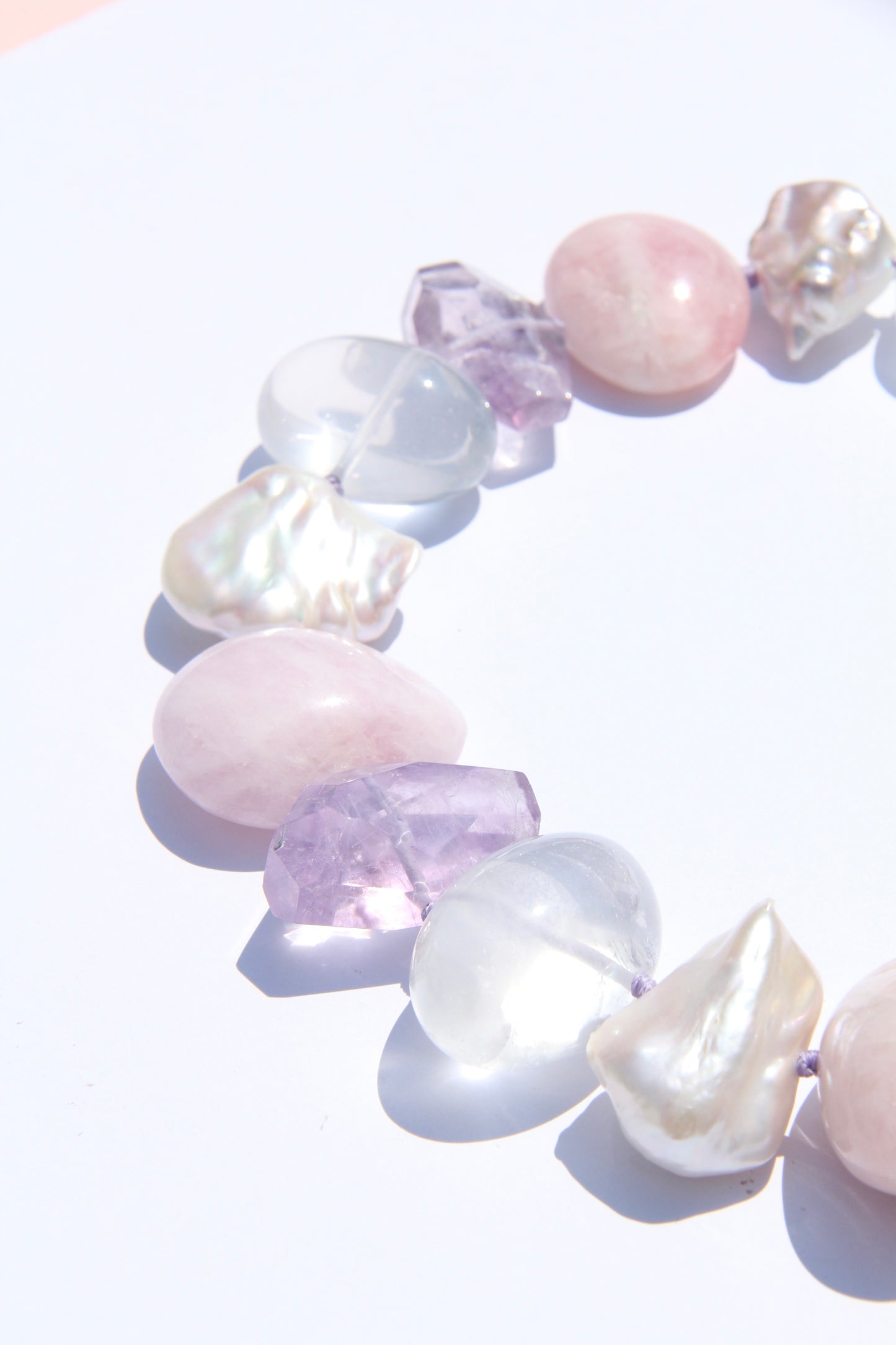 Necklace: morganite, quartz, amethyst, pearls