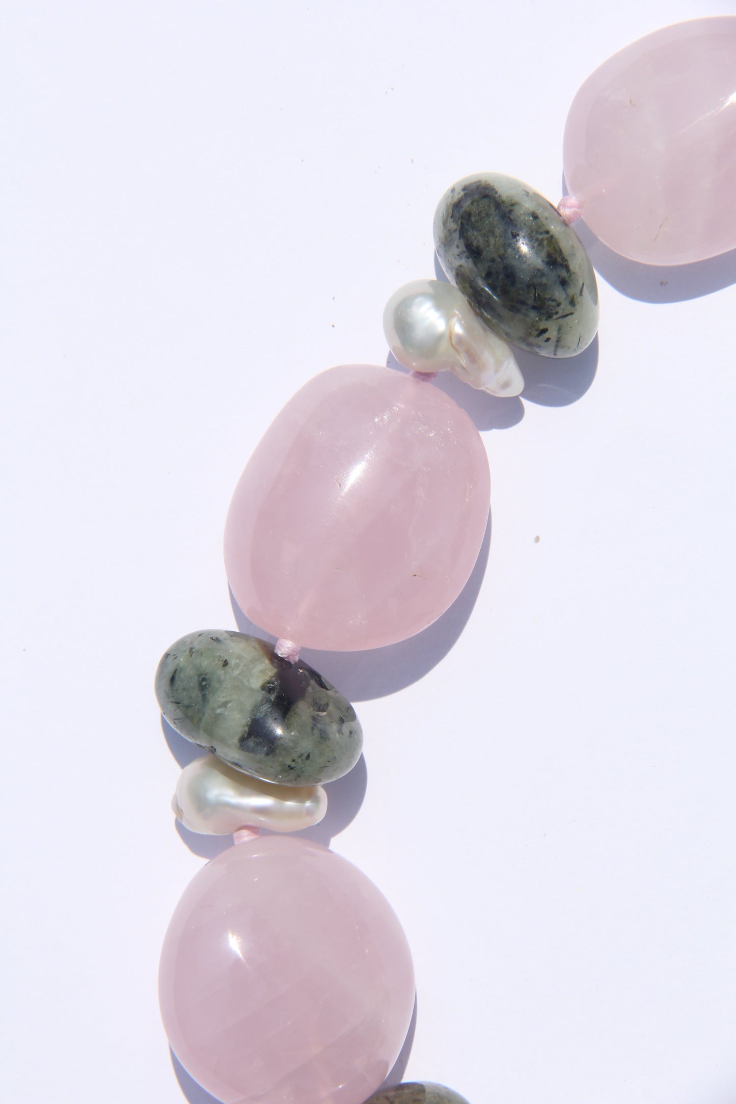 Necklace: rose quartz, pearls, prehnite
