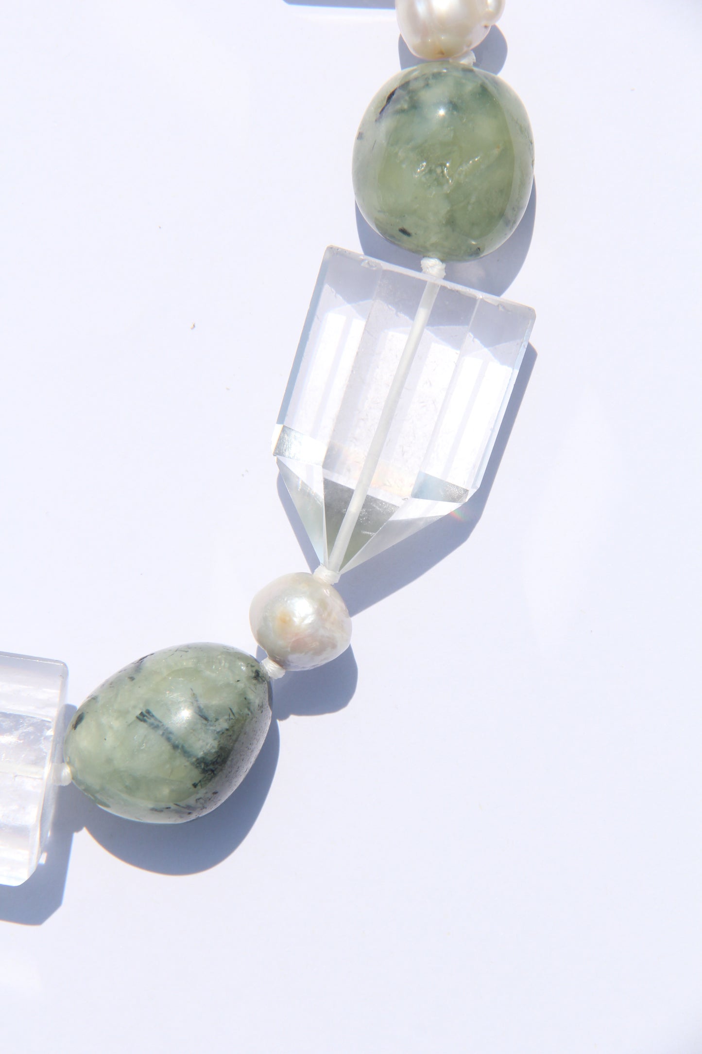 Necklace: quartz, pearl, prehnite