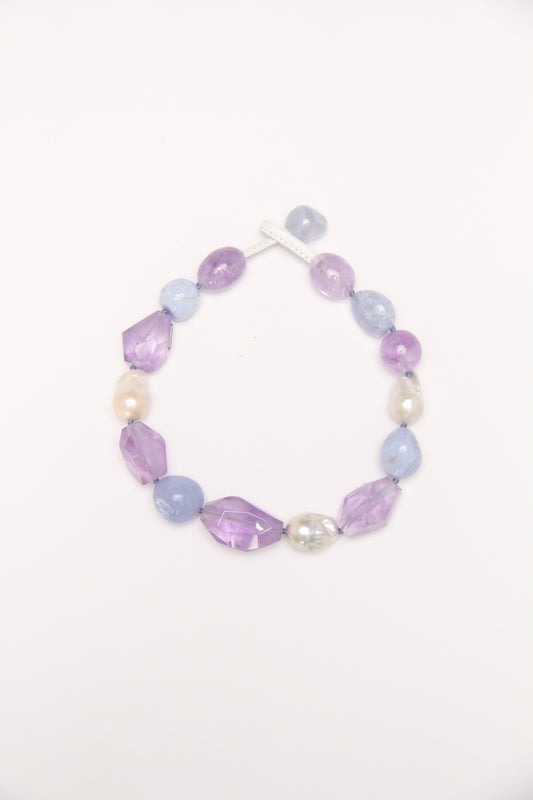 Necklace: blue lace agate, amethyst, pearls