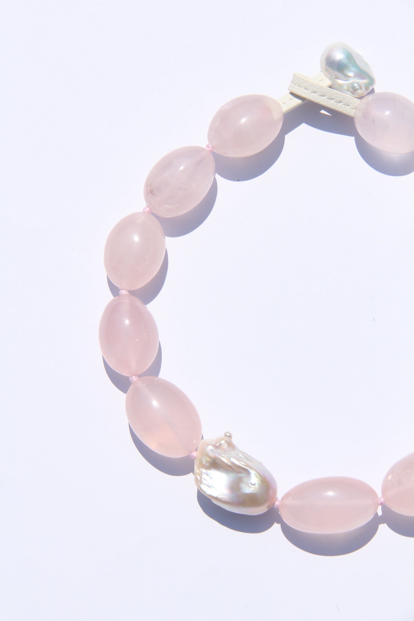 Necklace: rose quartz, pearls