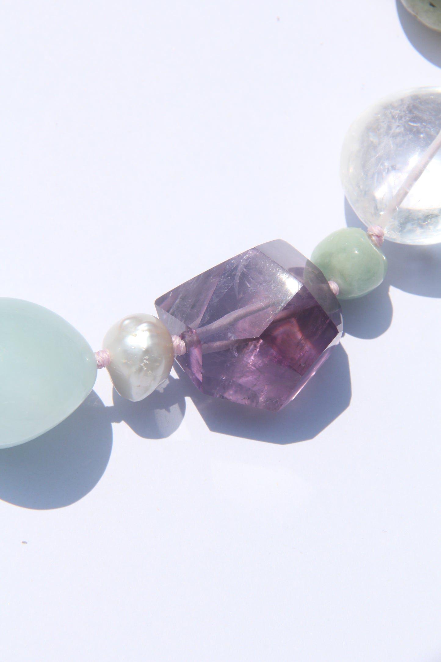 Necklace: amethyst, aquamarine, prehnite, morganite, rose quartz, pearls