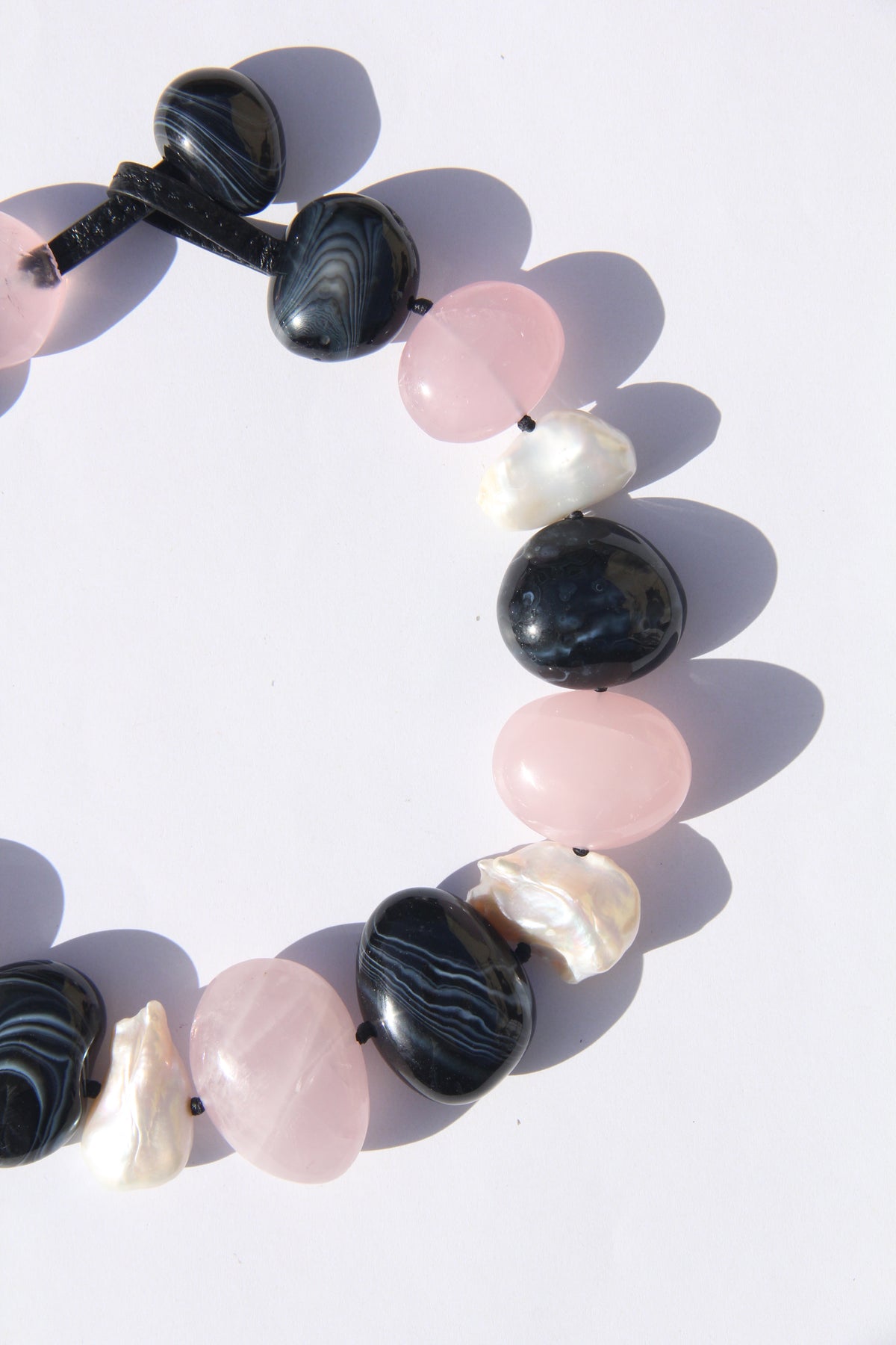 Necklace: sardonyx, pearls, rose quartz