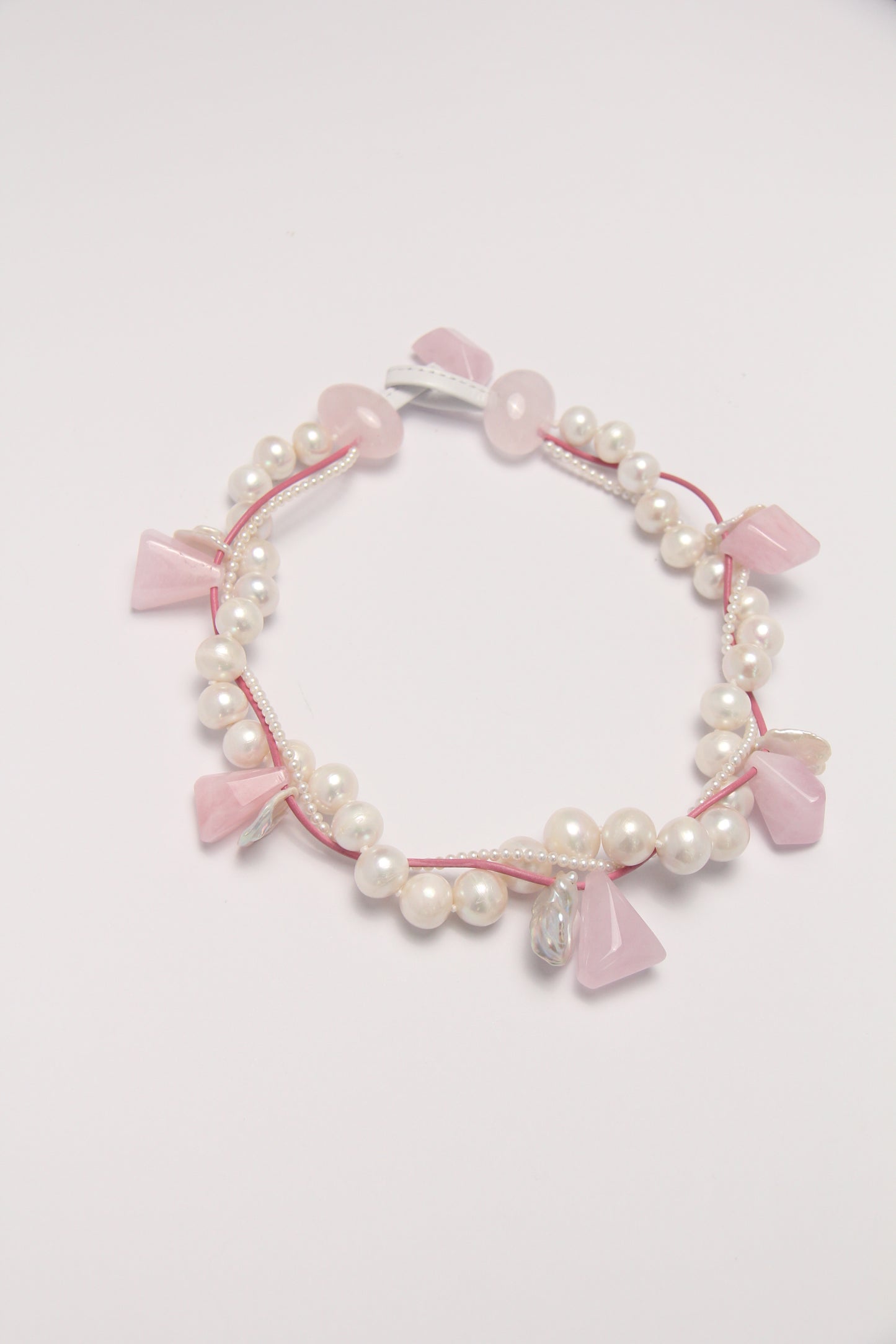 Necklace: morganite, rose quartz, pearls