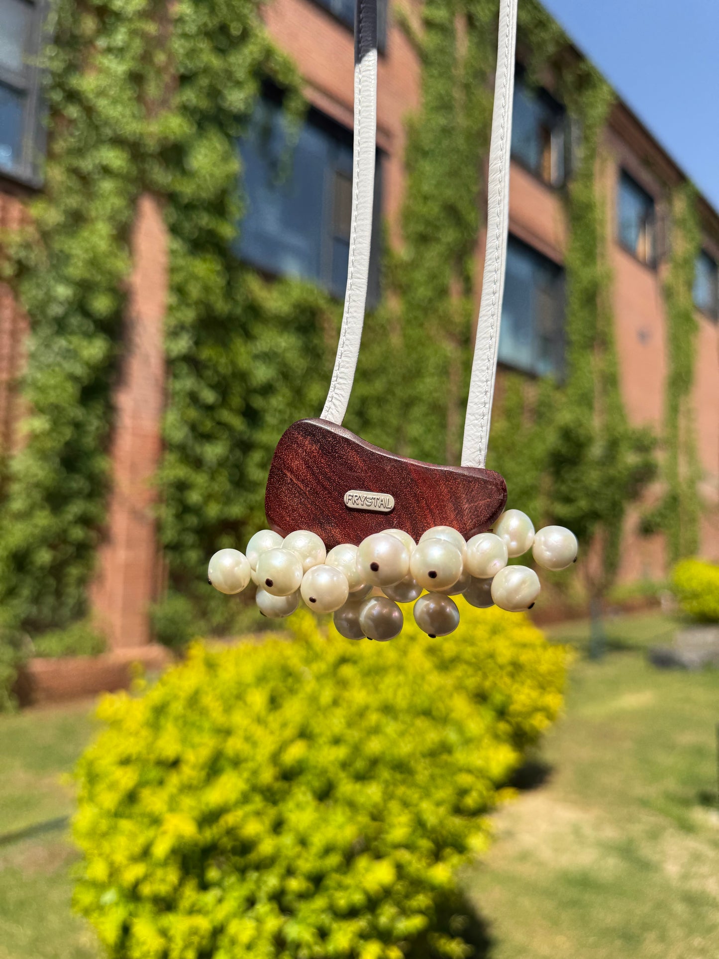 Pendant: blue lace agate, pearls, Zambia blood wood
