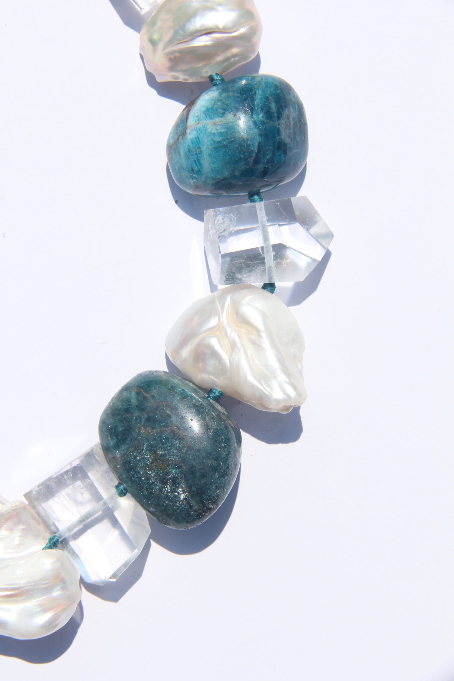 Necklace: blue apatite, quartz, pearls
