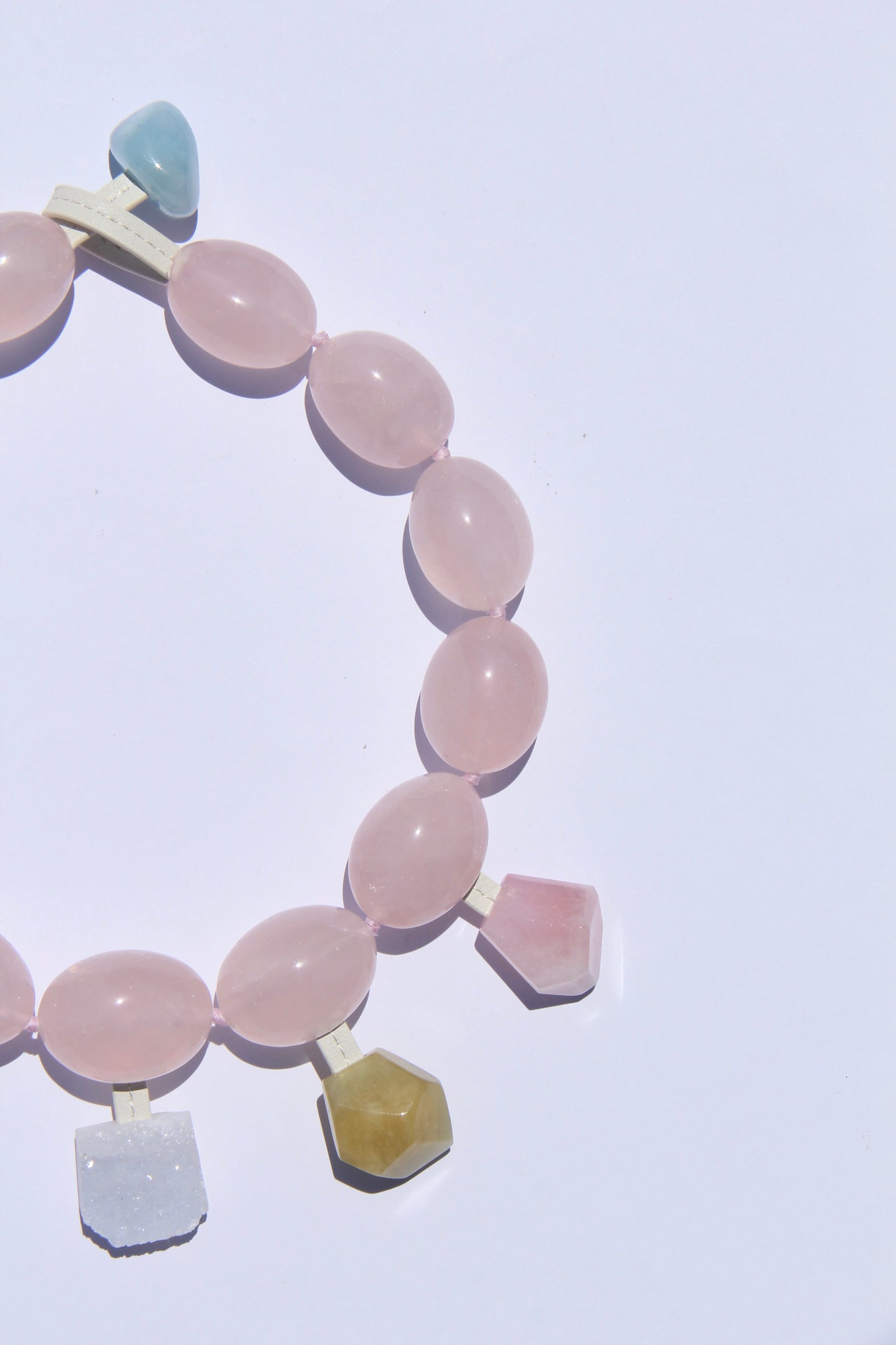 Charms: rose quartz, amethyst, morganite, pearl, blue lace agate