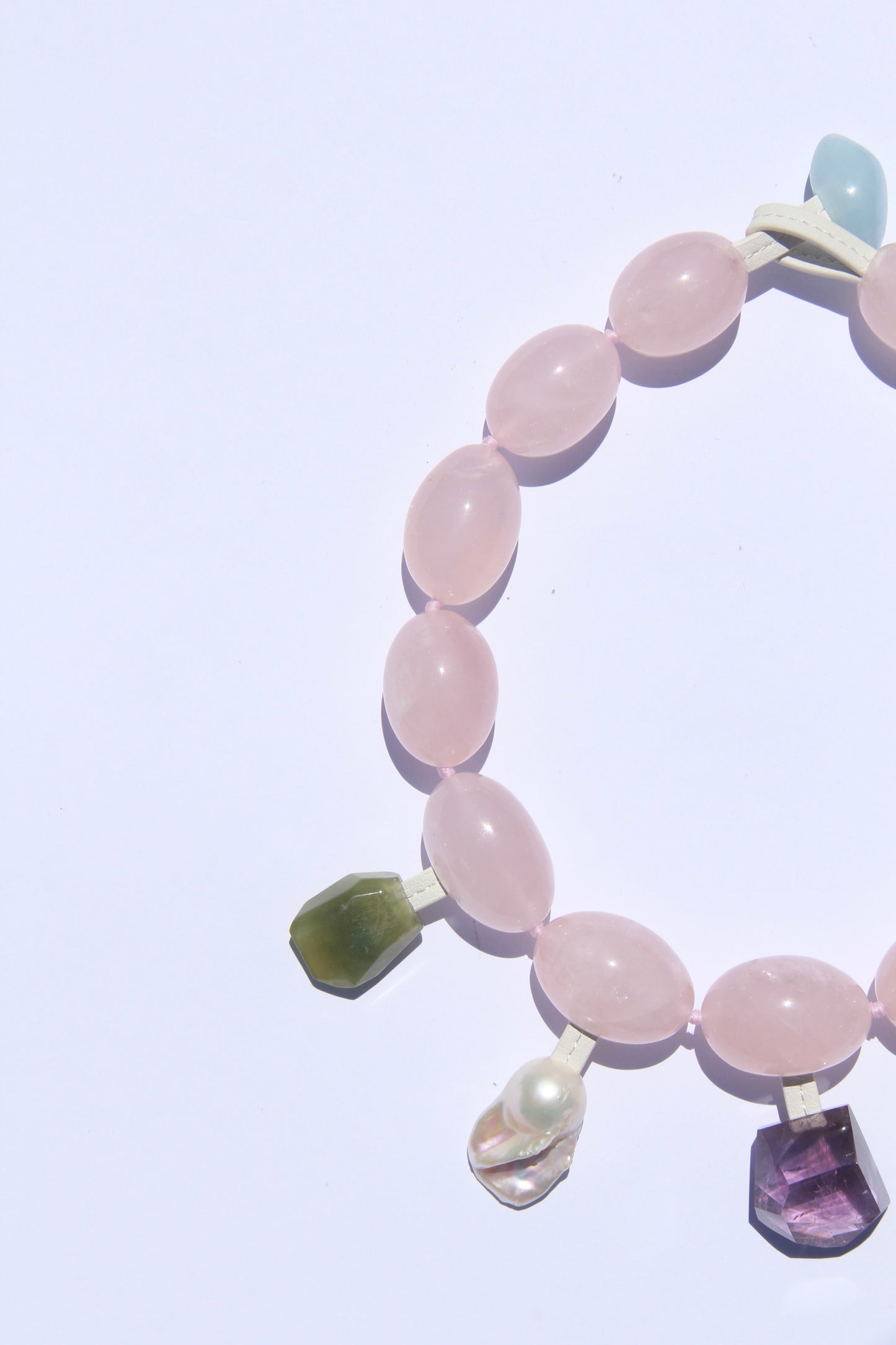 Charms: rose quartz, morganite, pearl, amethyst