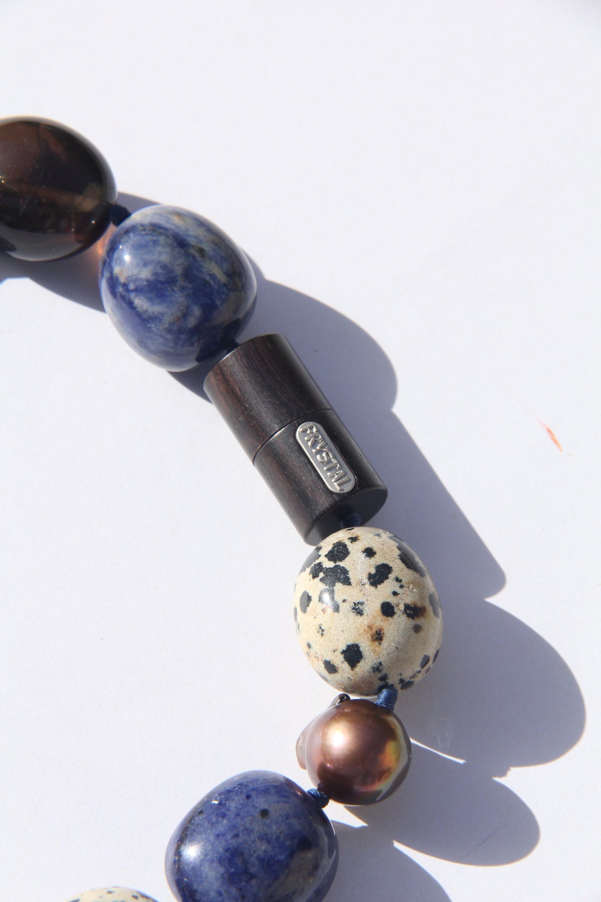 Necklace: dalmatian jasper stone, blue vein stone, pearls