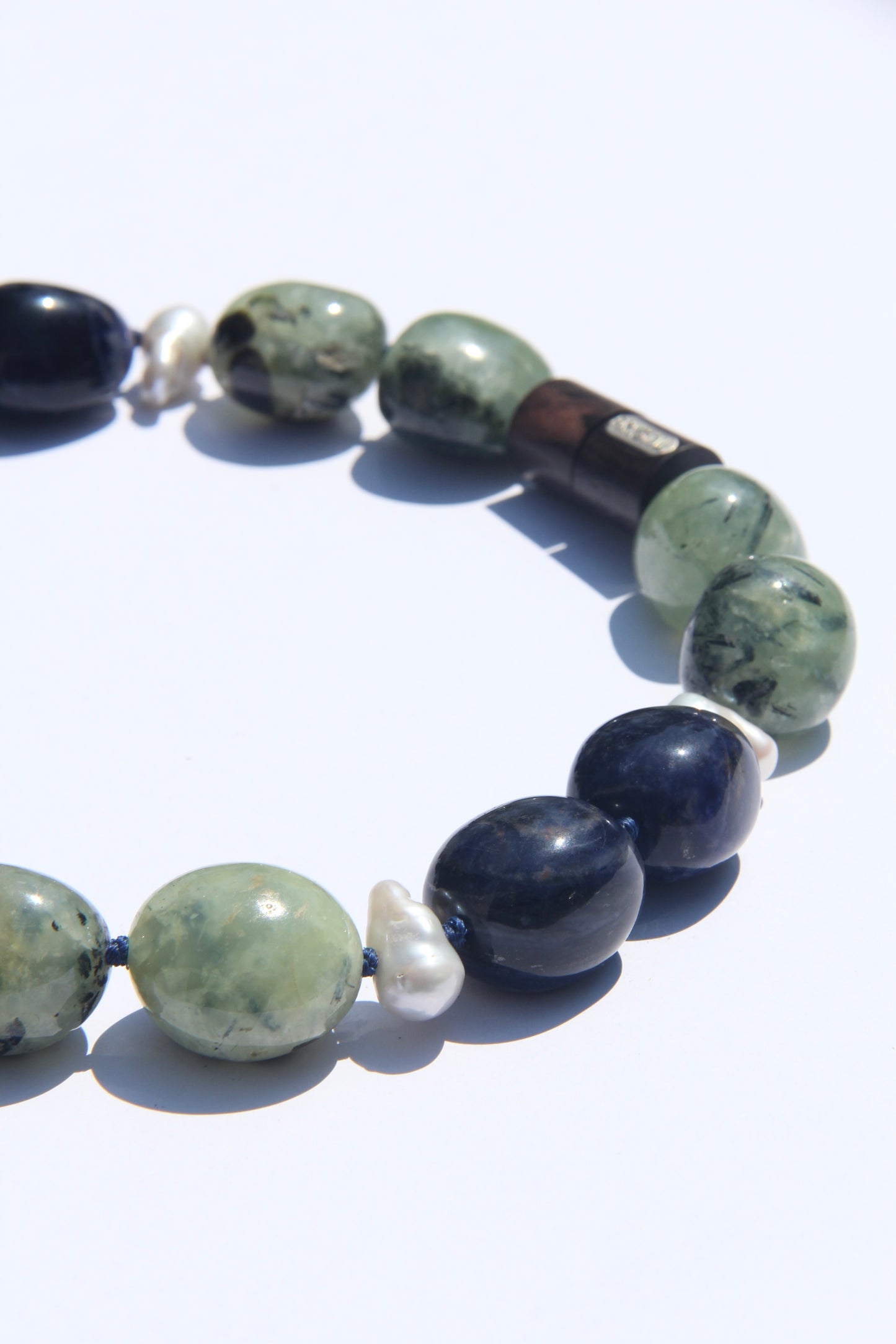Necklace: prehnite, blue vein stone