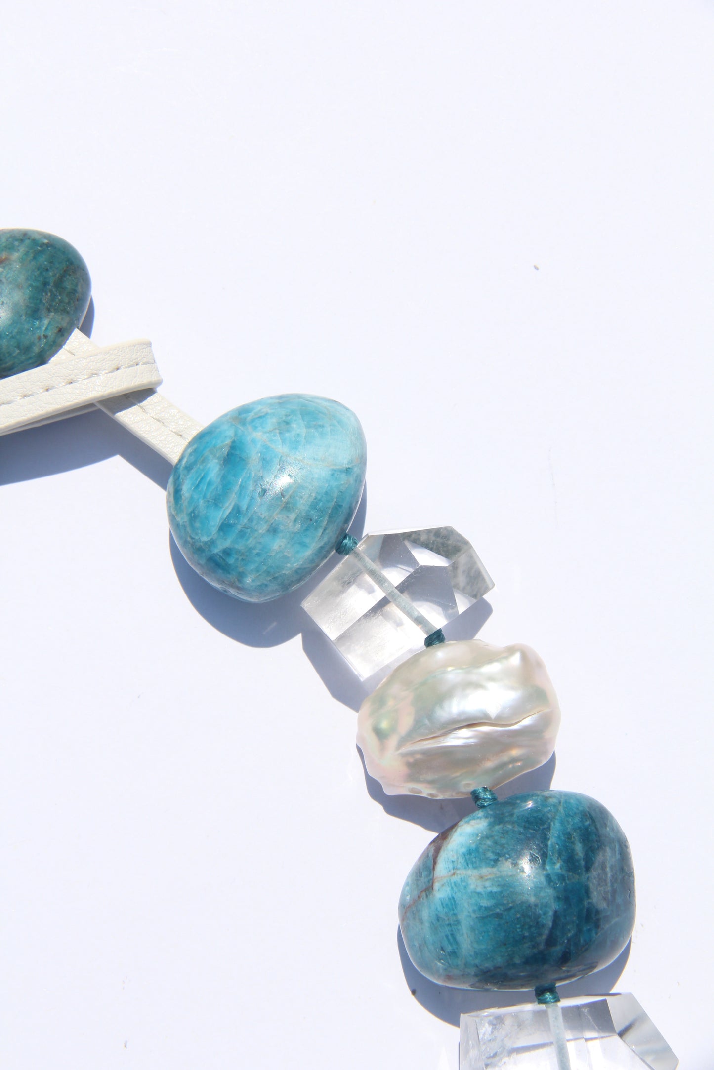 Necklace: blue apatite, quartz, pearls