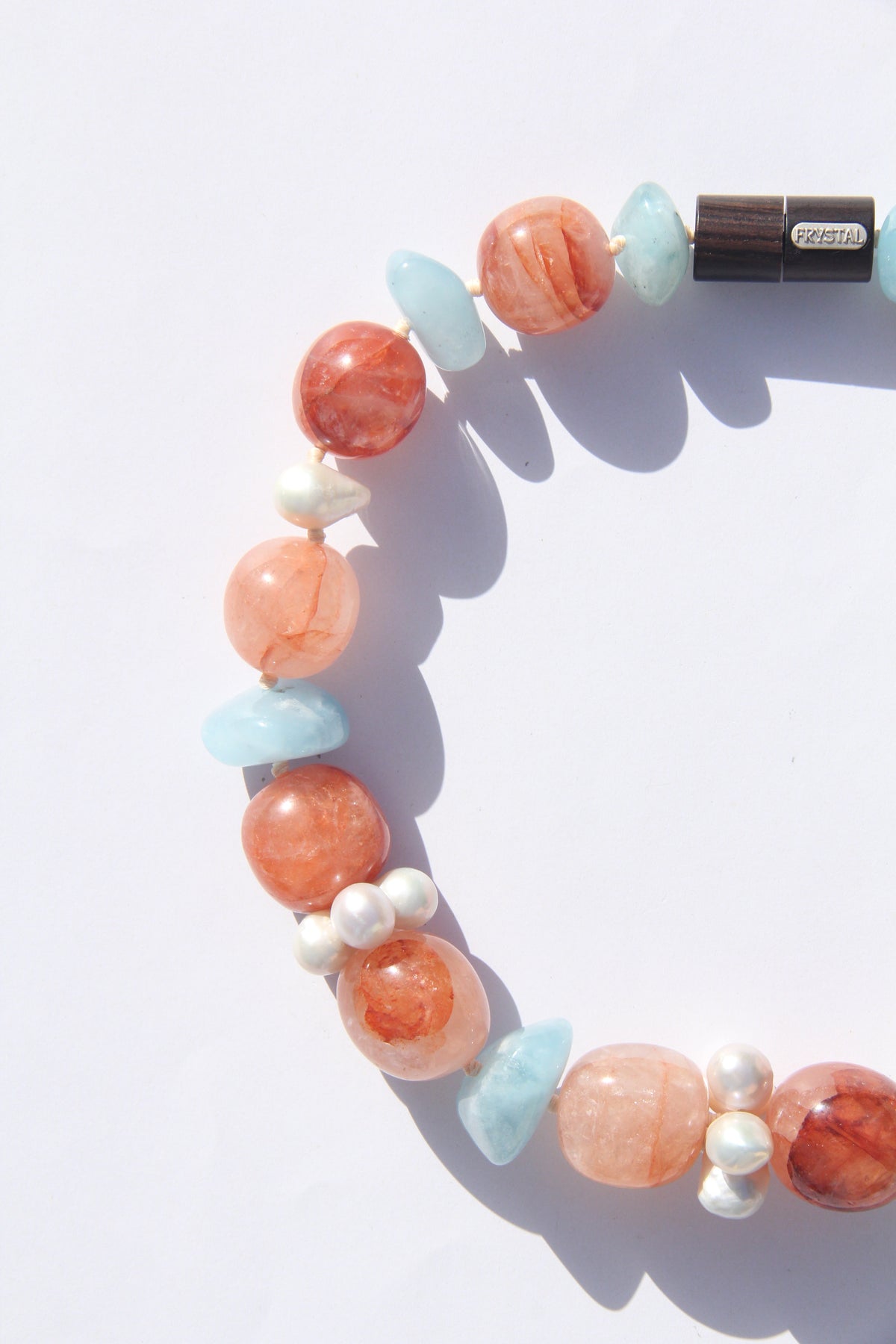 Necklace: morganite, quartz, pearls