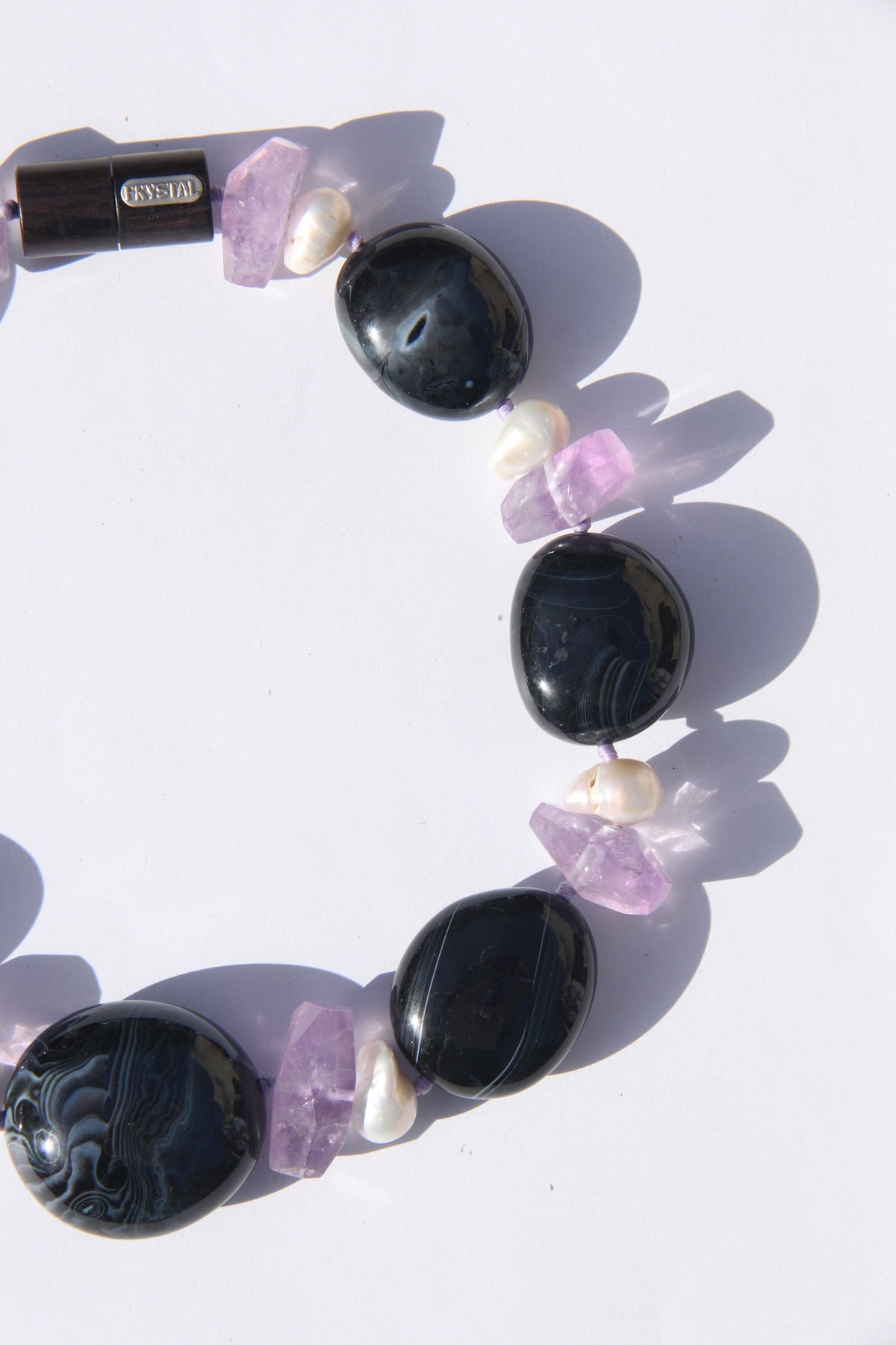 Necklace: sardonyx, pearls, amethyst