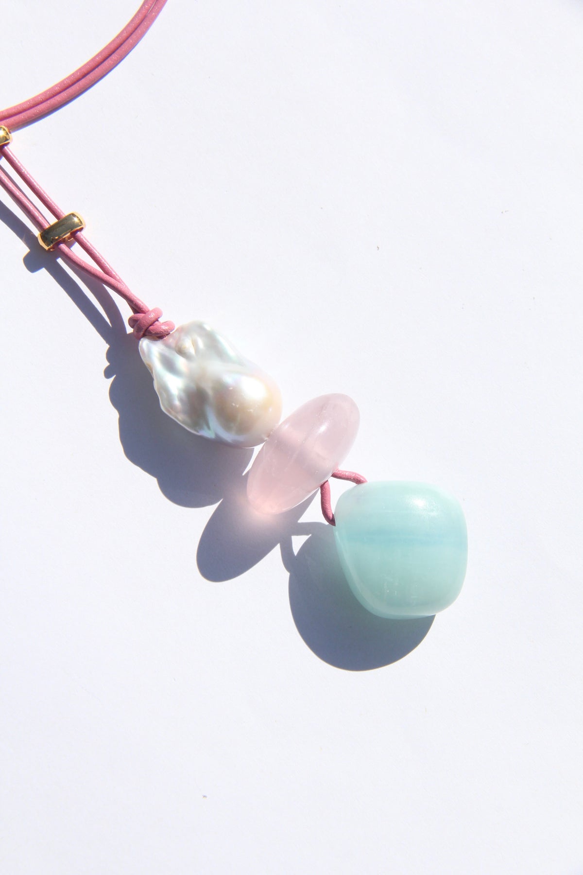Necklace: pearl, rose quartz, aquamarine