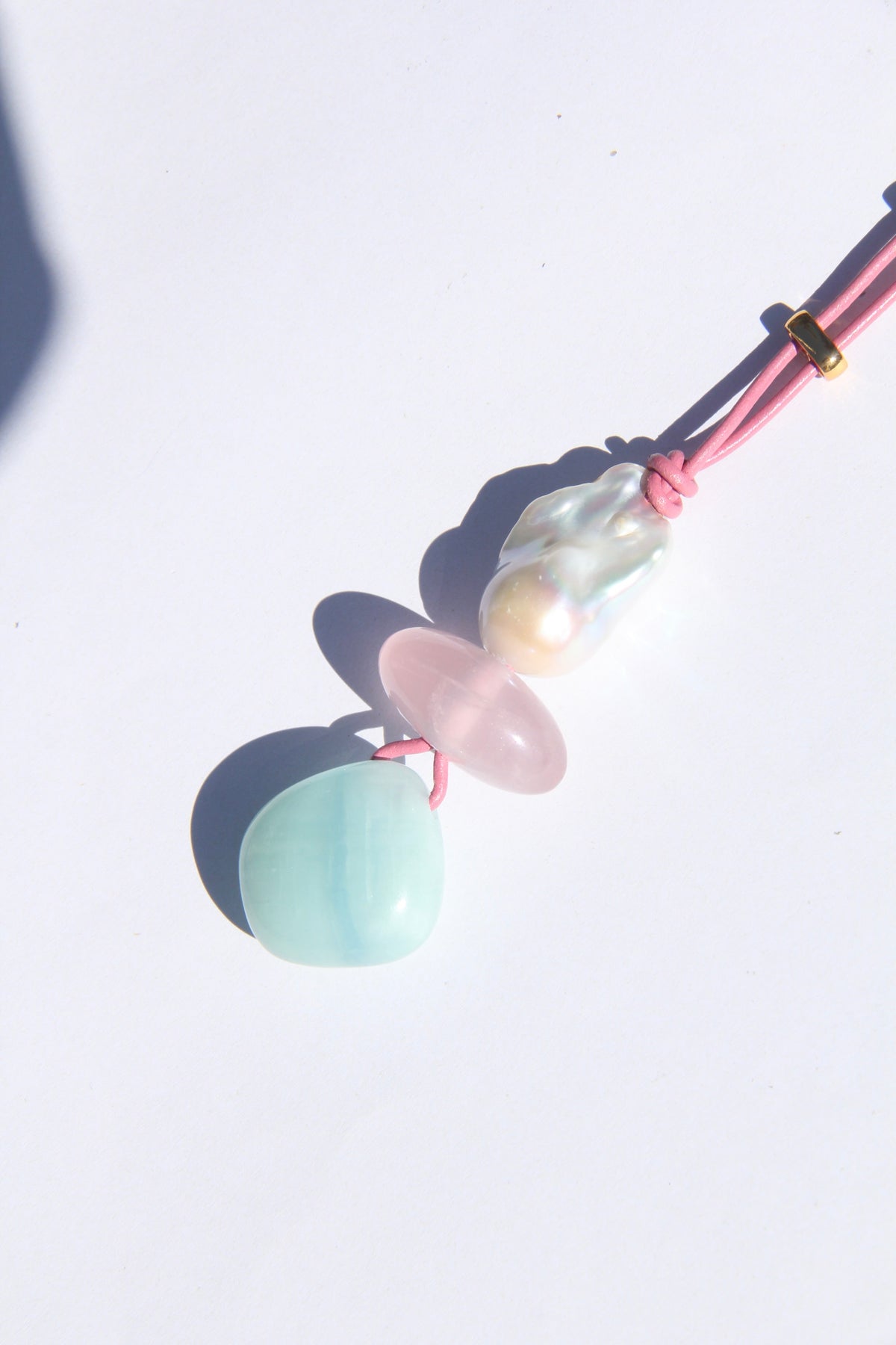 Necklace: pearl, rose quartz, aquamarine
