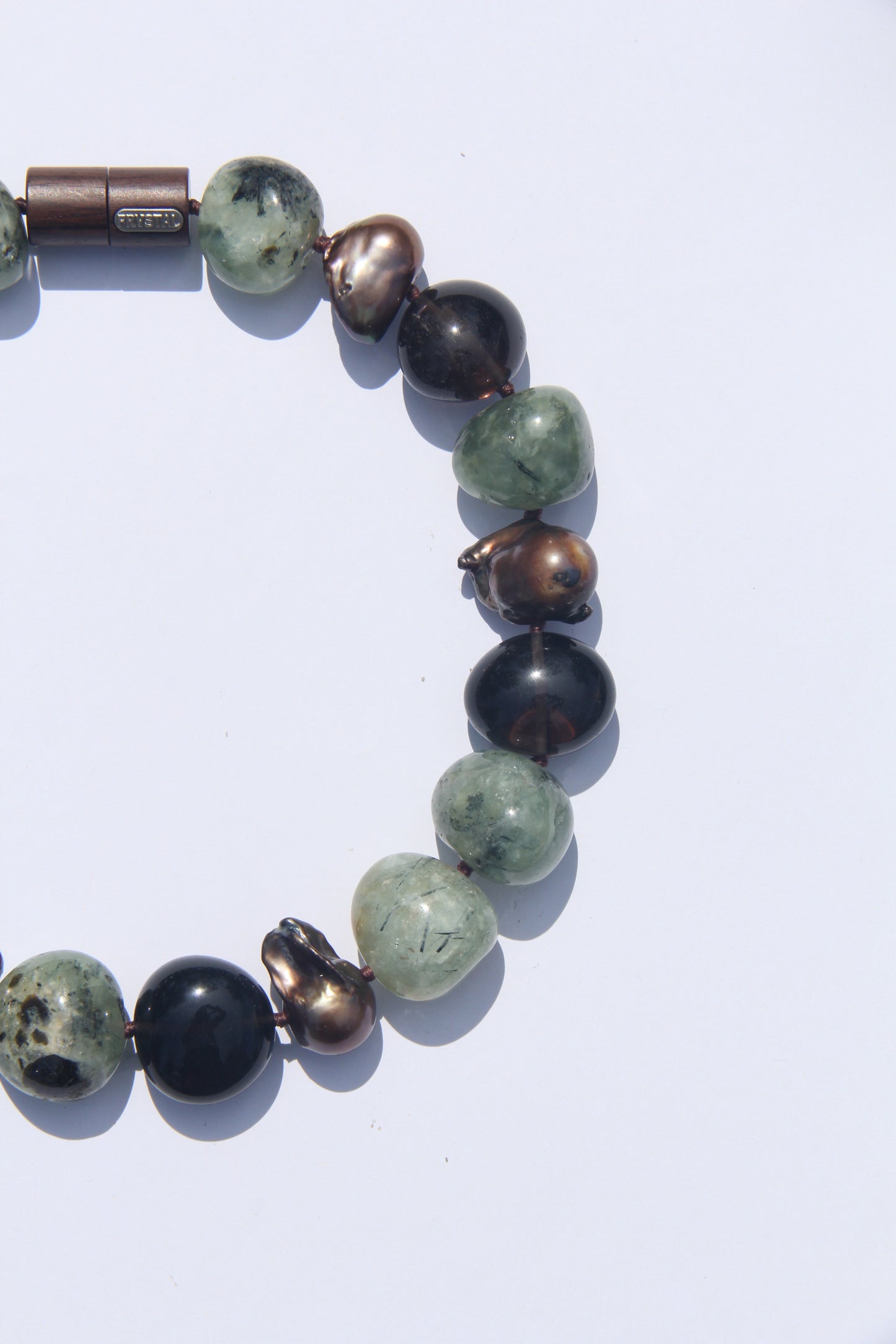 Necklace: prehnite, smoky quartz, pearls