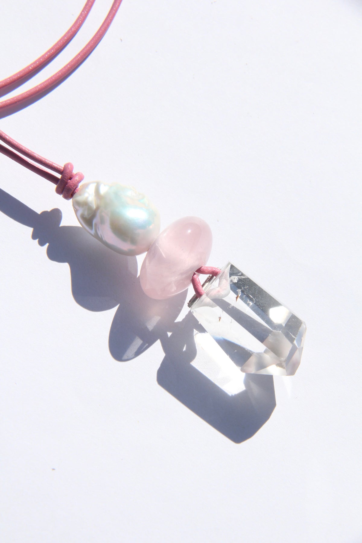 Necklace: pearl, ross quartz, quartz