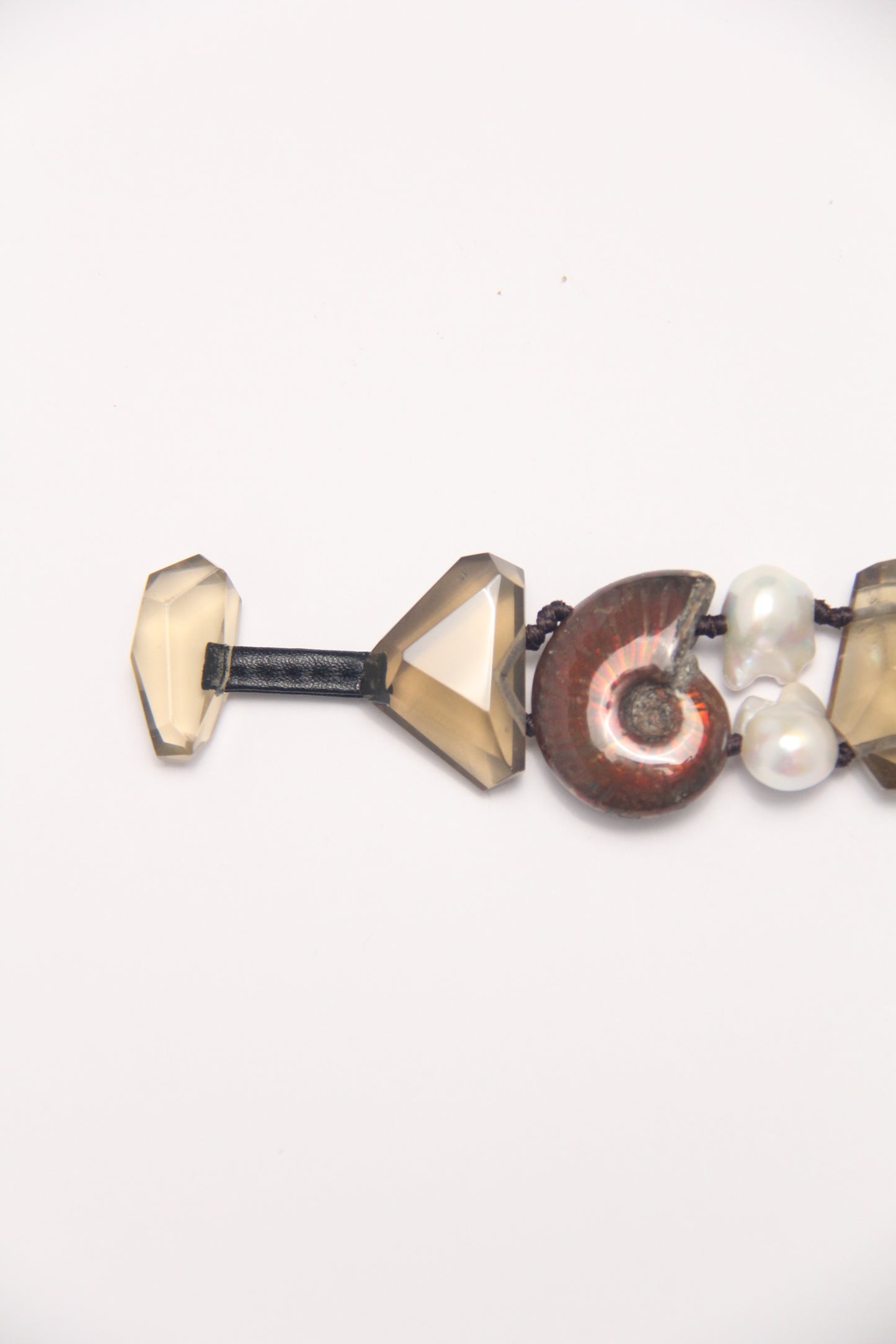 Bracelet: ammonite fossils, smoky quartz, pearls