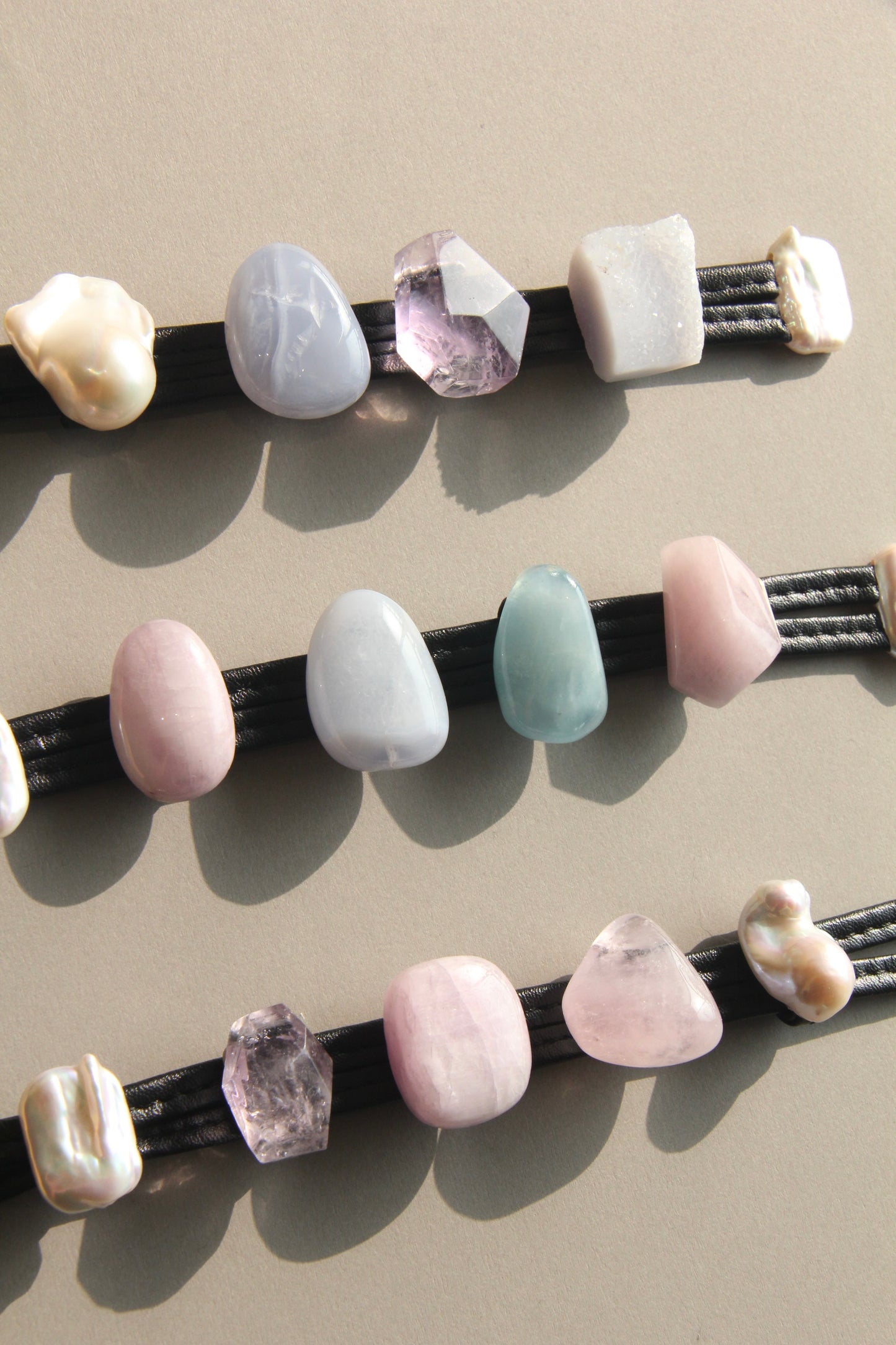 Bracelet: kunzite, blue lace agate, morganite, pearls